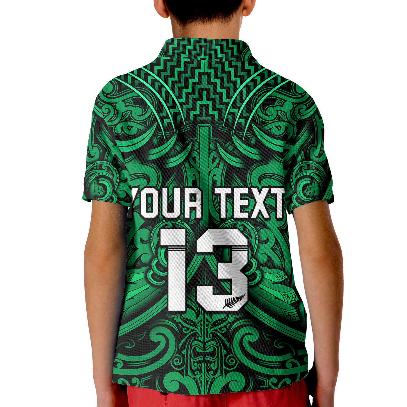 (Custom Text and Number) New Zealand Silver Fern Rugby Polo Shirt KID All Black Green NZ Maori Pattern - Vibe Hoodie Shop