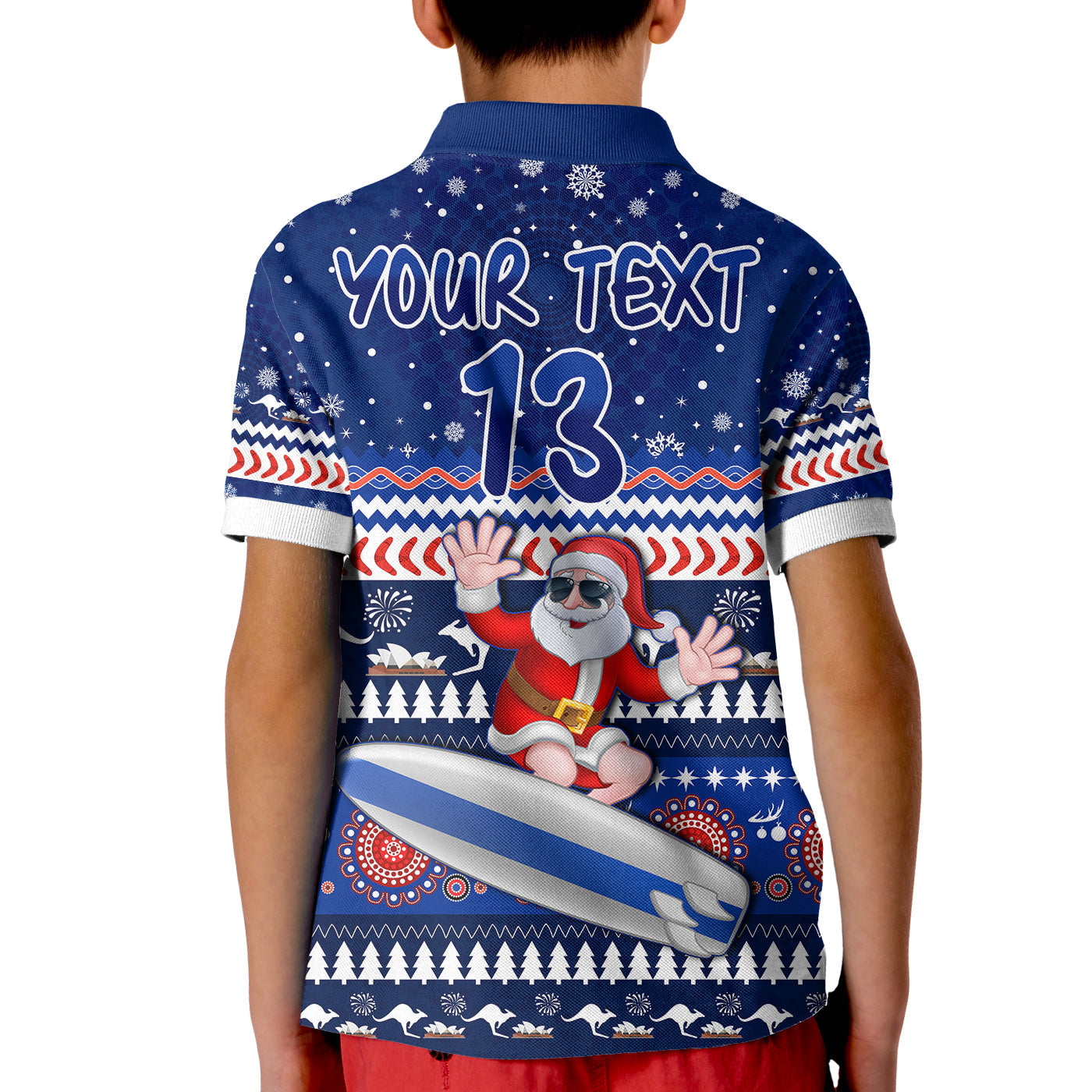 (Custom Text and Number) Australia Christmas Polo Shirt KID Aussie Aboriginal Santa Claus is Surfing with Kangaroo - Vibe Hoodie Shop