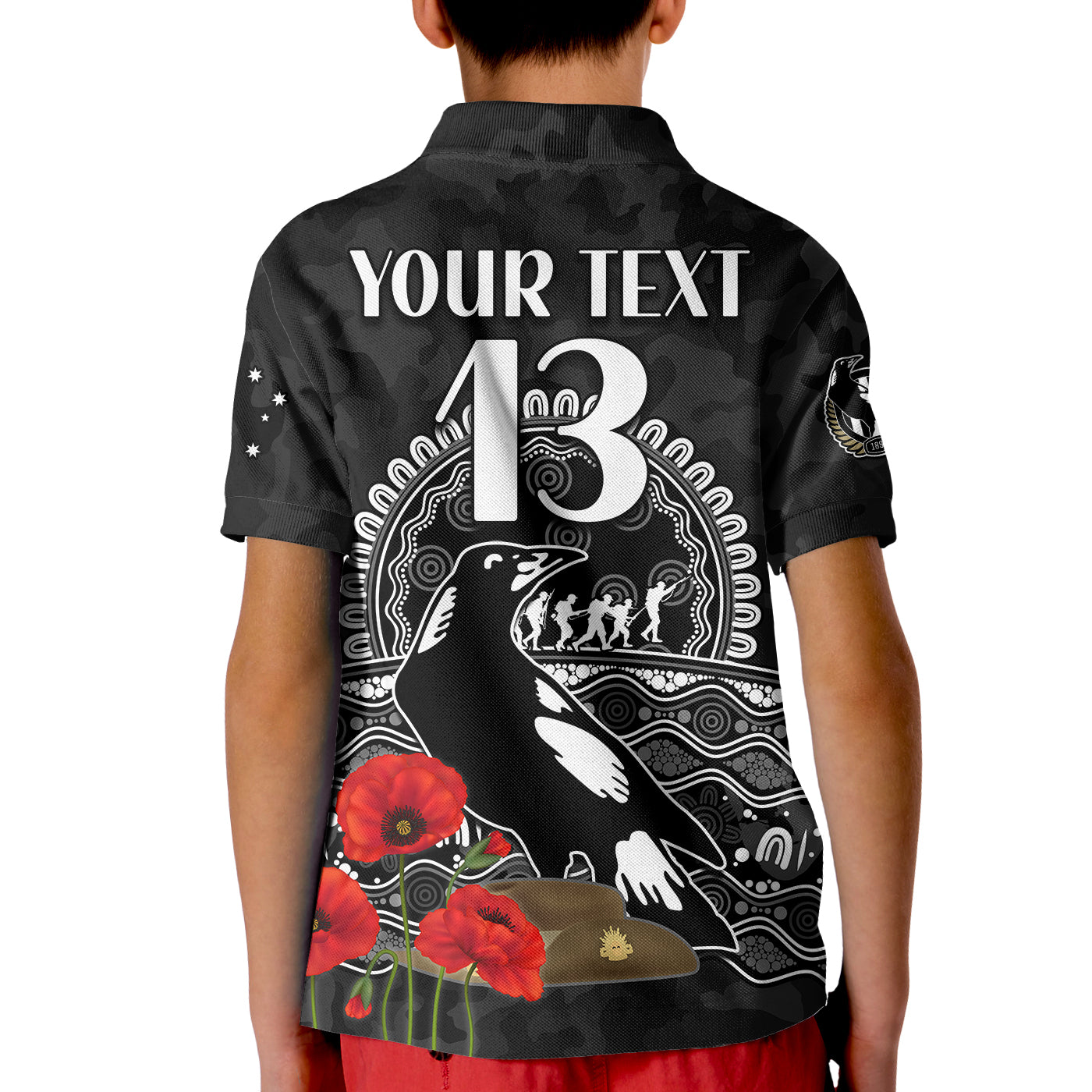 (Custom Text and Number) Magpies Football ANZAC Day Polo Shirt KID Speical Poppy mix Aboriginal - Vibe Hoodie Shop