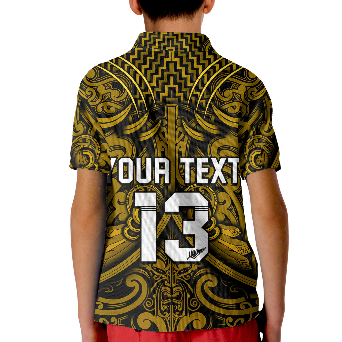 (Custom Text and Number) New Zealand Silver Fern Rugby Polo Shirt KID All Black Gold NZ Maori Pattern - Vibe Hoodie Shop