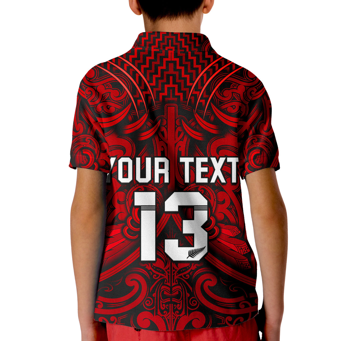 (Custom Text and Number) New Zealand Silver Fern Rugby Polo Shirt KID All Black Red NZ Maori Pattern - Vibe Hoodie Shop