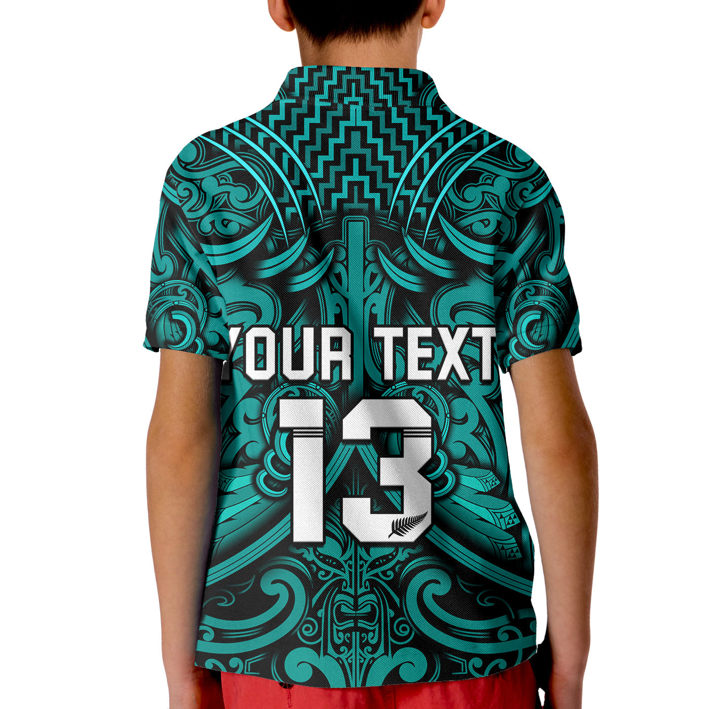 (Custom Text and Number) New Zealand Silver Fern Rugby Polo Shirt KID All Black Turquoise NZ Maori Pattern - Vibe Hoodie Shop