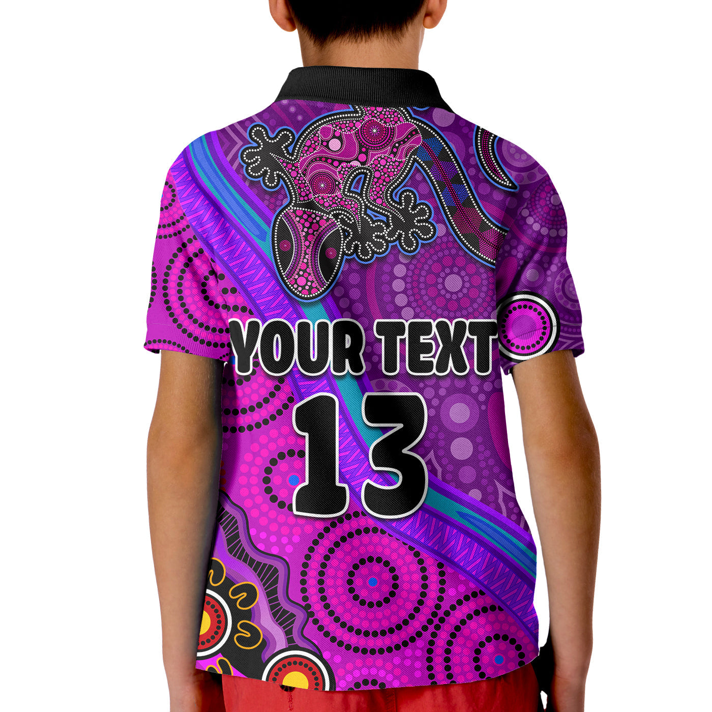 (Custom Text and Number) Australia Lizard and Sun Polo Shirt KID Aboriginal Art Purple - Vibe Hoodie Shop