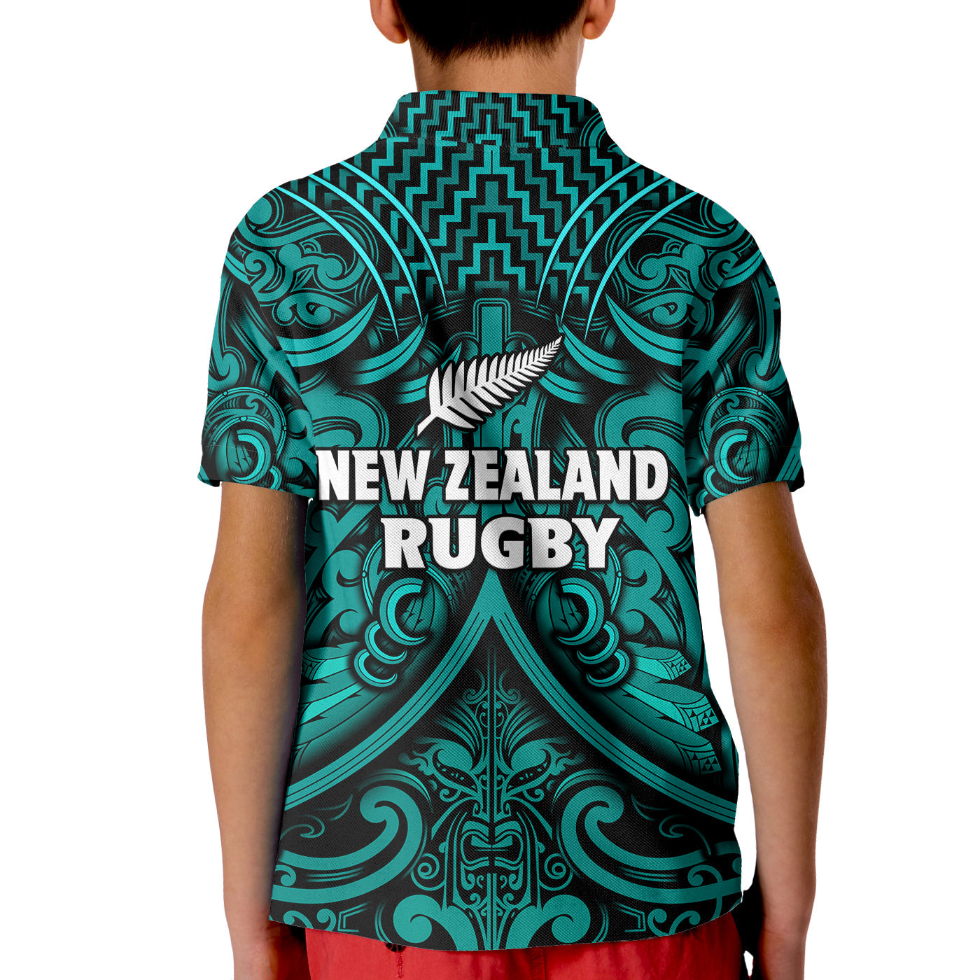 New Zealand Silver Fern Rugby Polo Shirt All Black Turquoise NZ Maori Pattern - Vibe Hoodie Shop