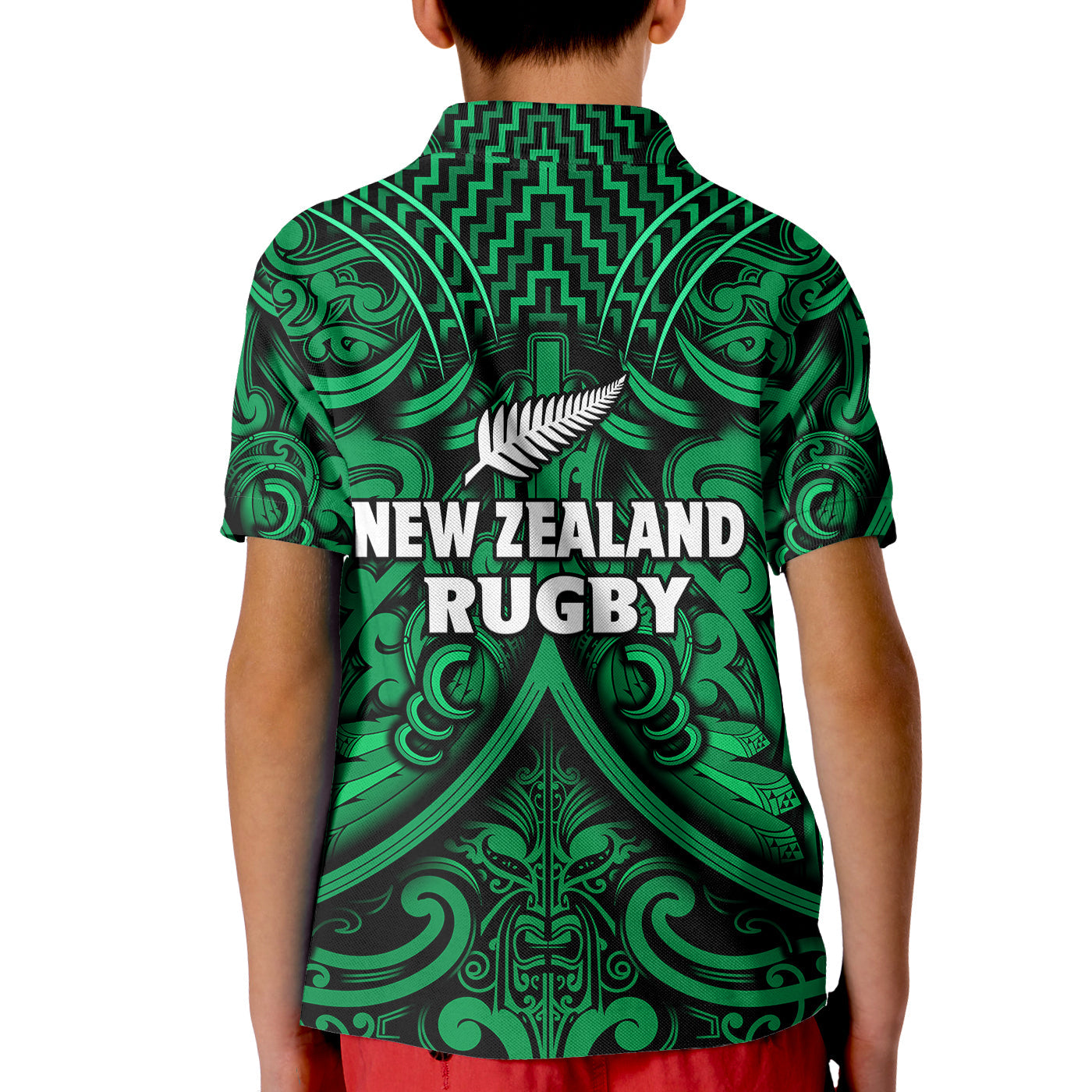 New Zealand Silver Fern Rugby Polo Shirt All Black Green NZ Maori Pattern - Vibe Hoodie Shop