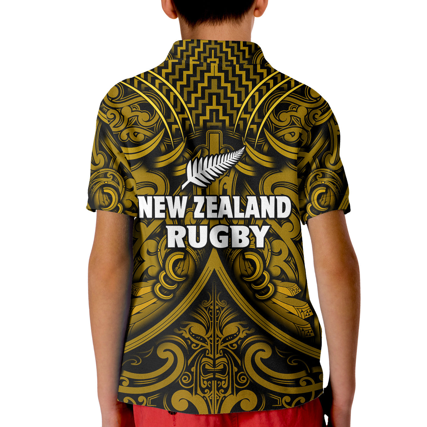 New Zealand Silver Fern Rugby Polo Shirt KID All Black Gold NZ Maori Pattern - Vibe Hoodie Shop