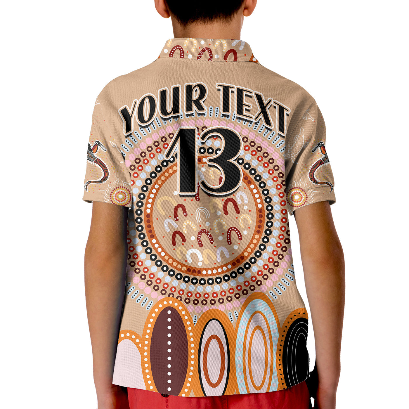 (Custom Text and Number) Aboriginal Stand Up Polo Shirt KID Circle Dot with Lizard Version PeachPuff - Vibe Hoodie Shop