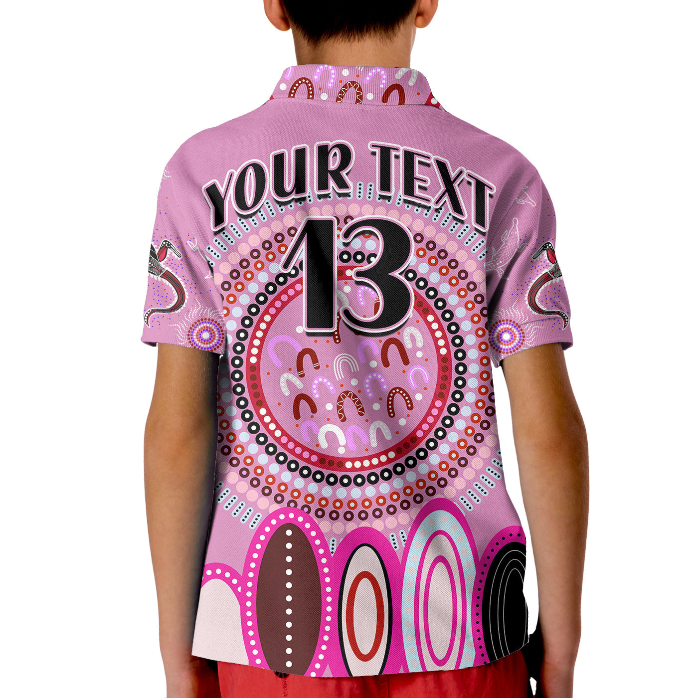 (Custom Text and Number) Aboriginal Stand Up Polo Shirt KID Circle Dot with Lizard Version Pink - Vibe Hoodie Shop