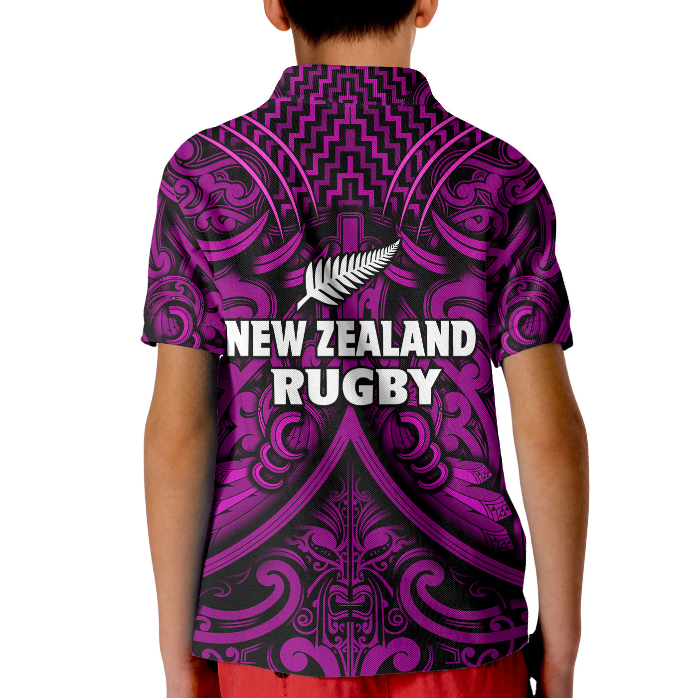 New Zealand Silver Fern Rugby Polo Shirt KID All Black Purple NZ Maori Pattern - Vibe Hoodie Shop