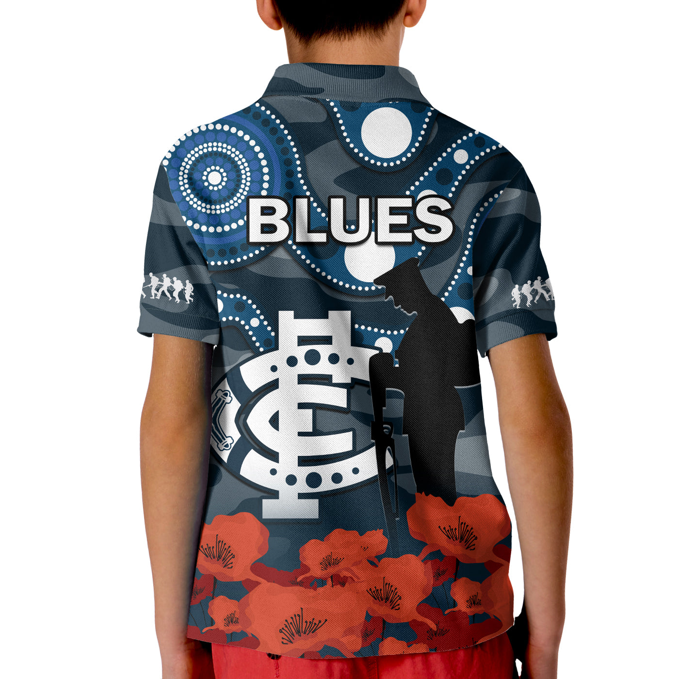 Carlton Football ANZAC 2023 Polo Shirt Blues Aboriginal Mix Poppy Camouflage - Vibe Hoodie Shop