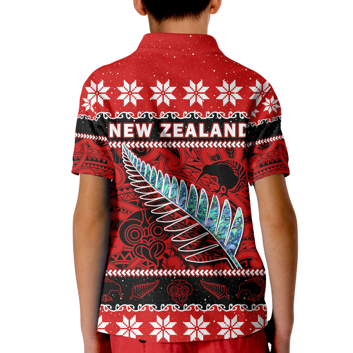 New Zealand Christmas Polo Shirt KID Paua Shell Silver Fern Meri Kirihimete - Vibe Hoodie Shop