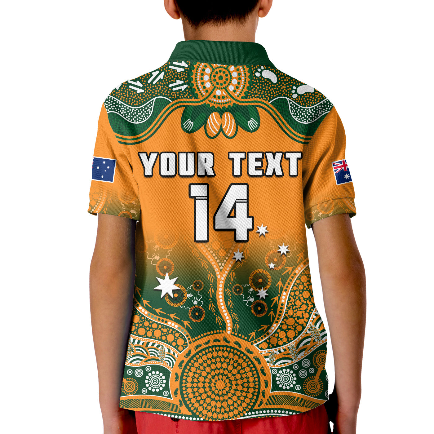 (Custom Text And Number) Australia Rugby Polo Shirt KID Wallabies Kangaroo Orange Aboriginal - Vibe Hoodie Shop