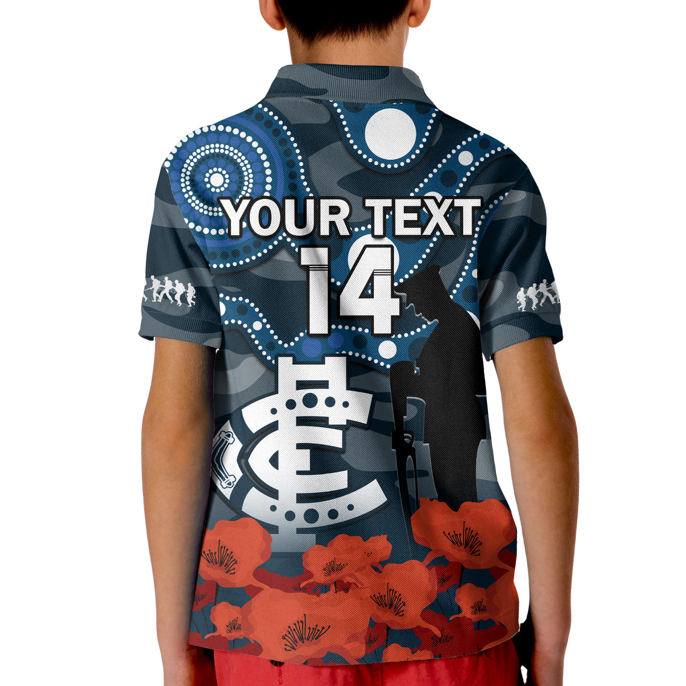 (Custom Text And Number) Carlton Football ANZAC 2023 Polo Shirt KID Blues Aboriginal Mix Poppy Camouflage - Vibe Hoodie Shop