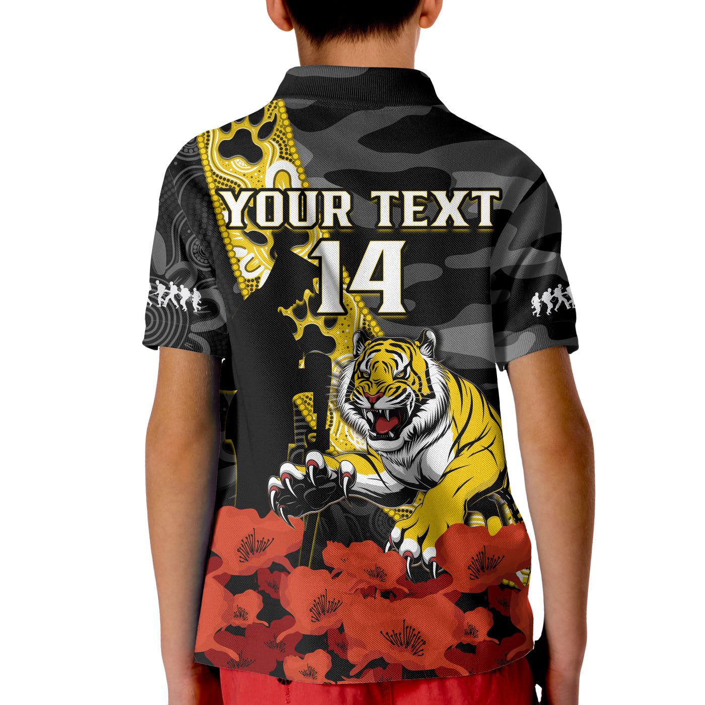 (Custom Text And Number) Richmond Football ANZAC 2023 Polo Shirt Tigers Aboriginal Mix Poppy Camouflage - Vibe Hoodie Shop