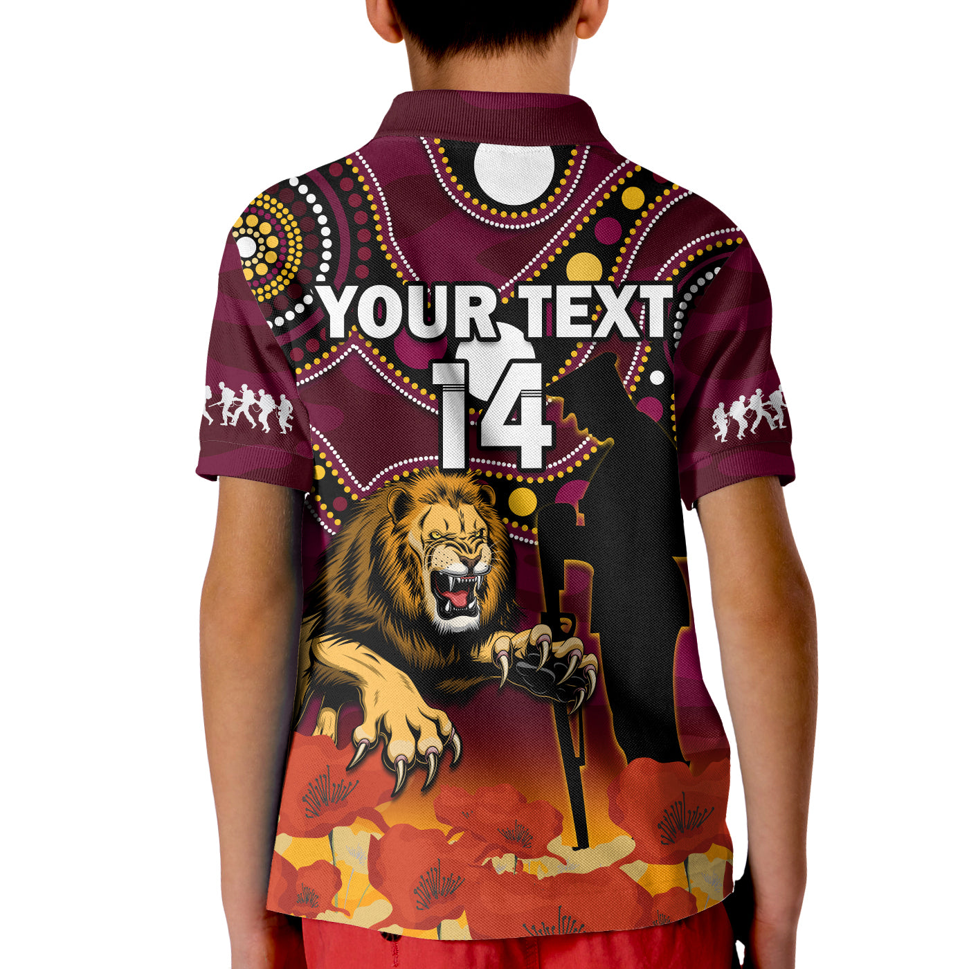 (Custom Text And Number) Brisbane Lions Football ANZAC 2023 Polo Shirt KID Aboriginal Mix Poppy Camouflage - Vibe Hoodie Shop