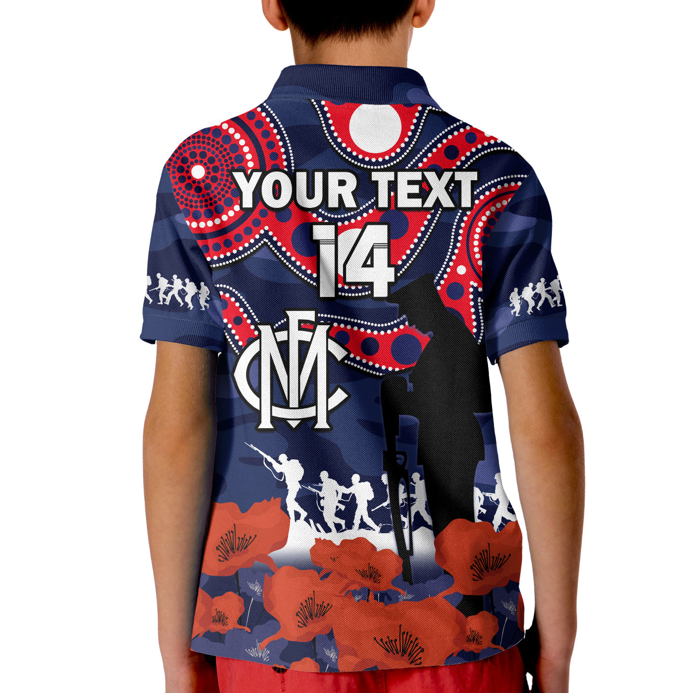 (Custom Text And Number) Melbourne Football ANZAC 2023 Polo Shirt KID Demons Aboriginal Mix Poppy Camouflage - Vibe Hoodie Shop