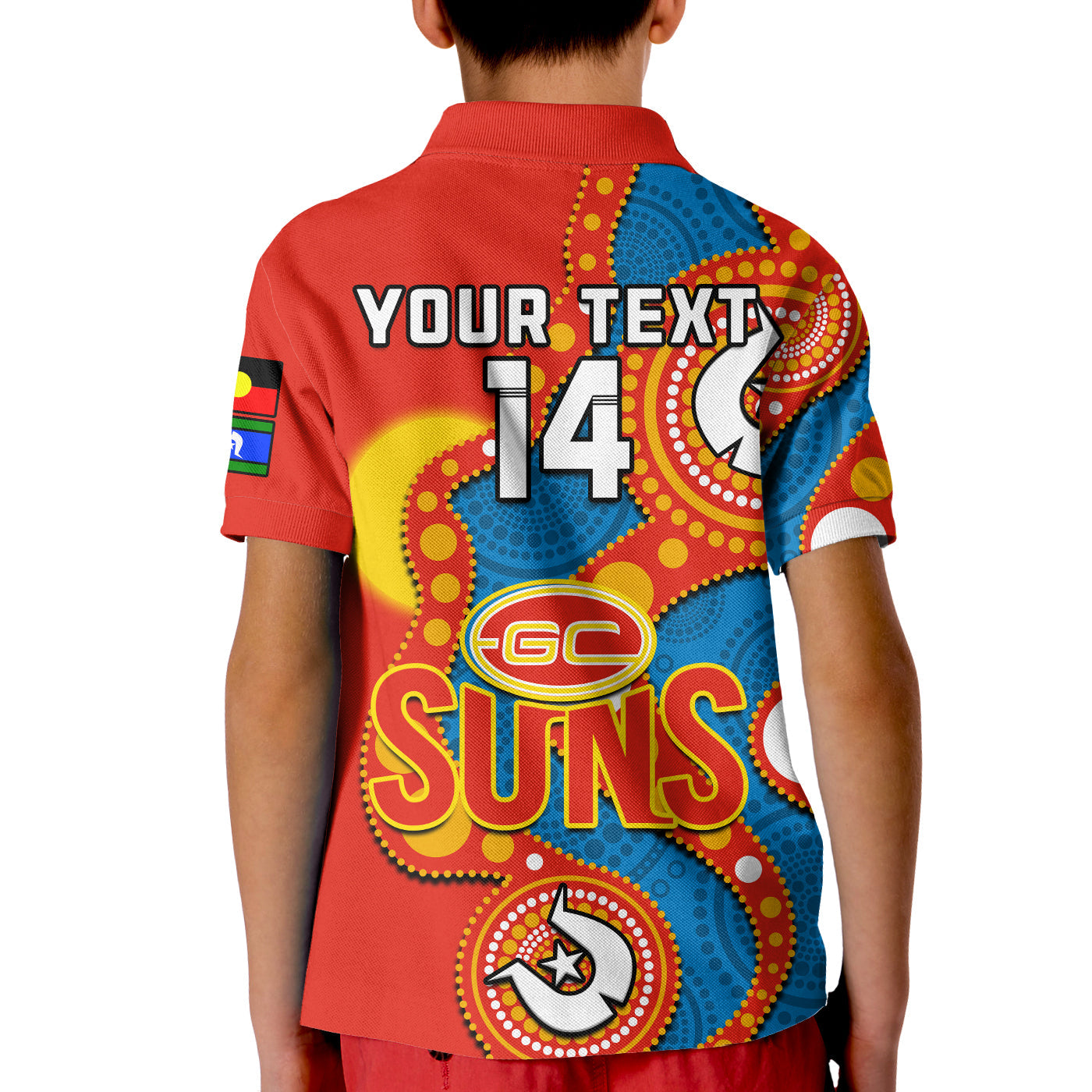 (Custom Text And Number) Gold Coast Football NAIDOC 2023 Polo Shirt KID Suns Indigenous For Our Elders - Vibe Hoodie Shop