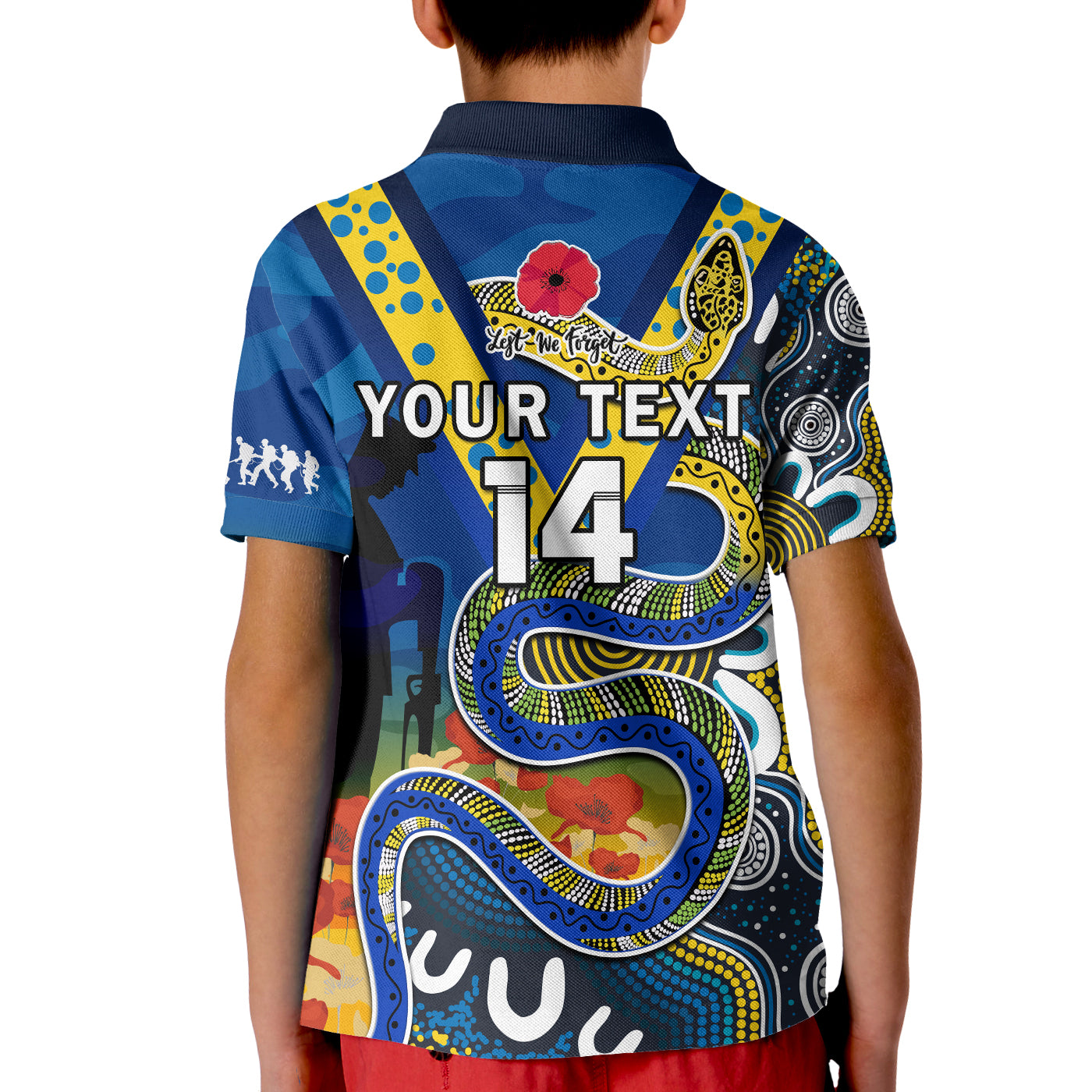 (Custom Text And Number) Eels Rugby ANZAC 2023 Polo Shirt KID Aboriginal Mix Poppy Lest We Forget - Vibe Hoodie Shop