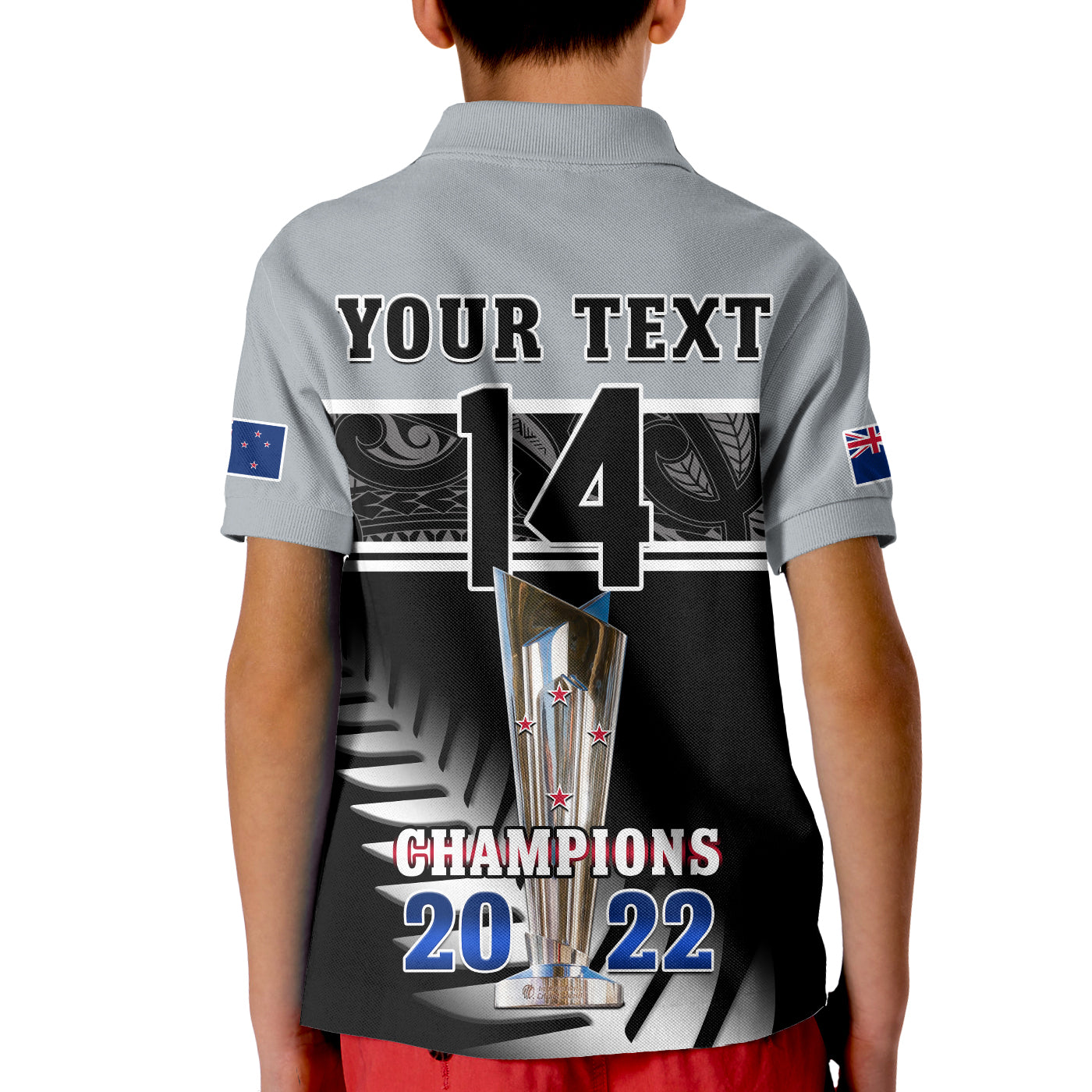 (Custom Text And Number) New Zealand Cricket Polo Shirt KID Black Caps Champions Mens T20 WC 2022 - Vibe Hoodie Shop