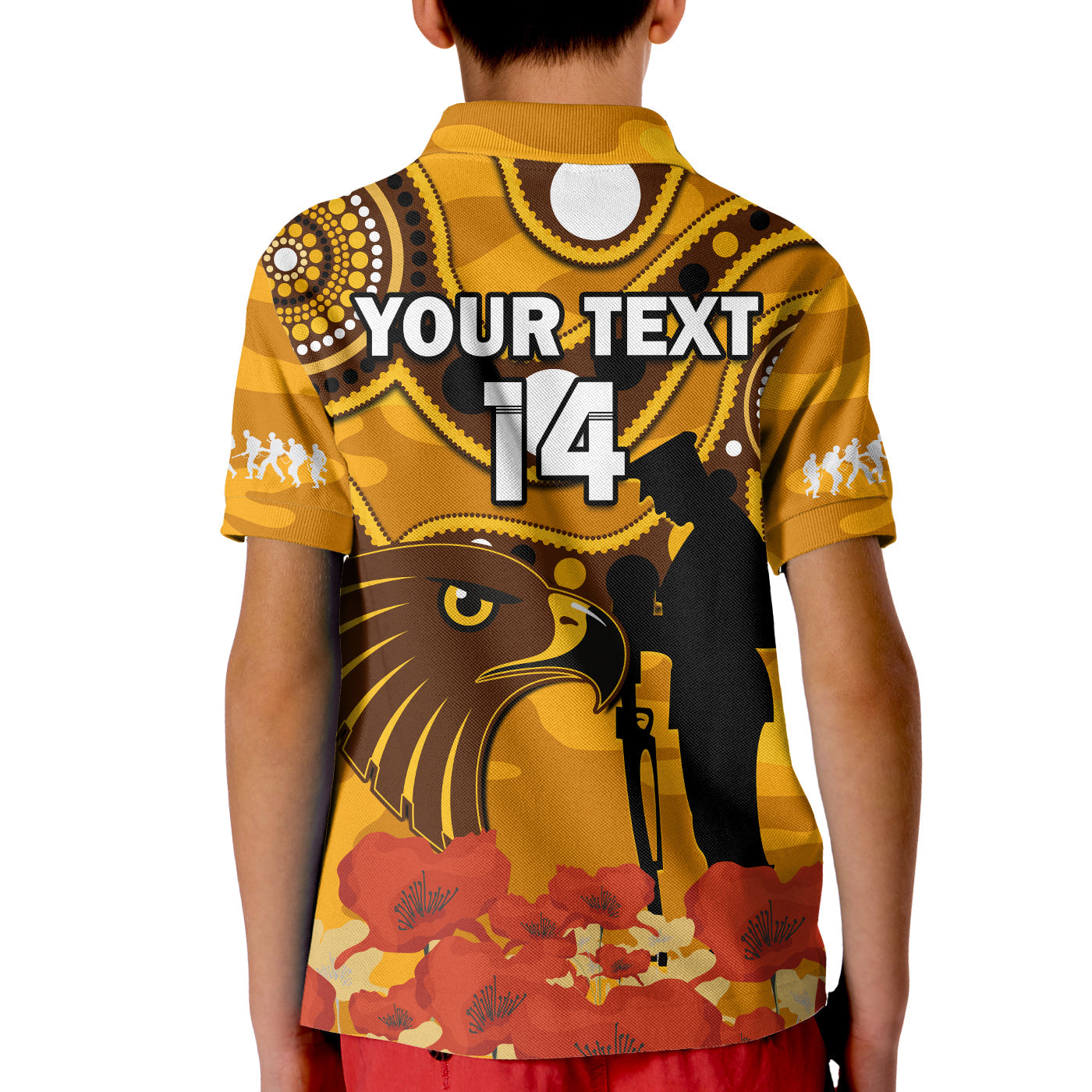 (Custom Text And Number) Hawks Football ANZAC 2023 Polo Shirt KID Indigenous Mix Poppy Camouflage - Vibe Hoodie Shop