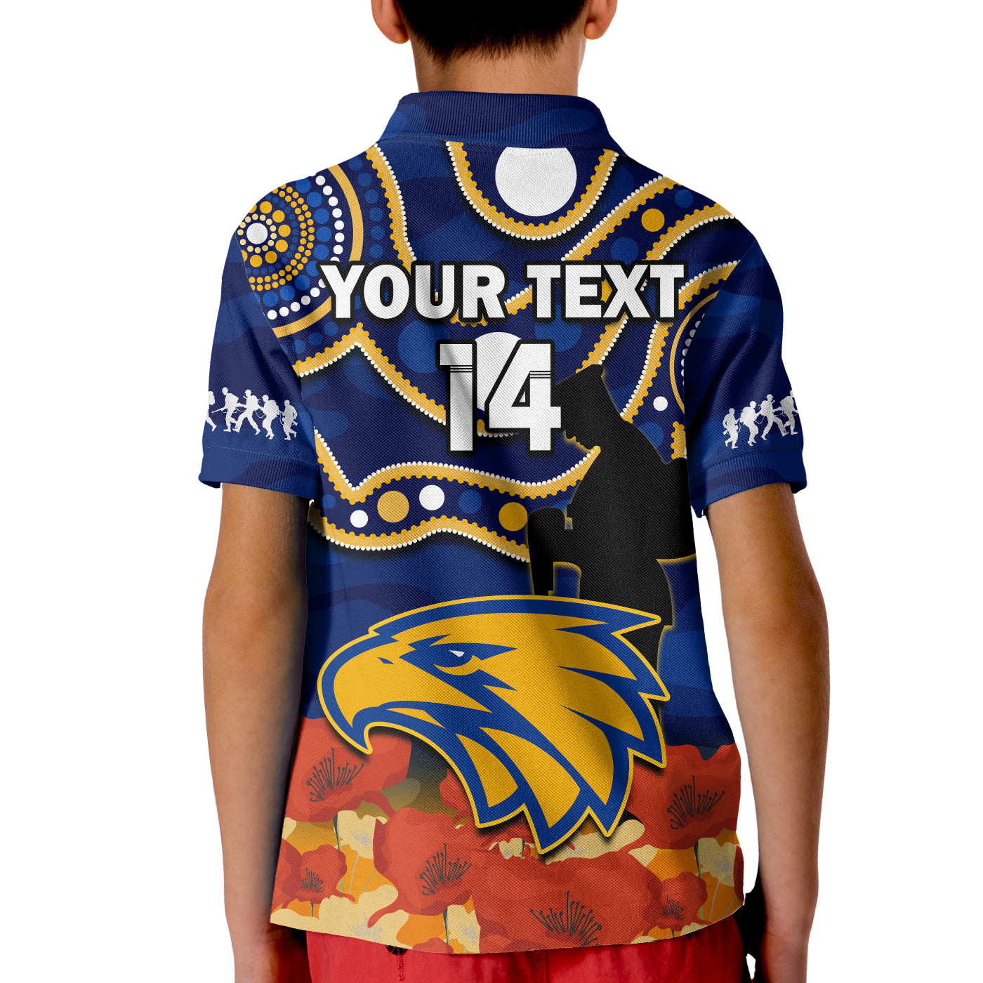 (Custom Text And Number) Eagles Football ANZAC 2023 Polo Shirt KID West Coast Indigenous Mix Poppy Camouflage - Vibe Hoodie Shop