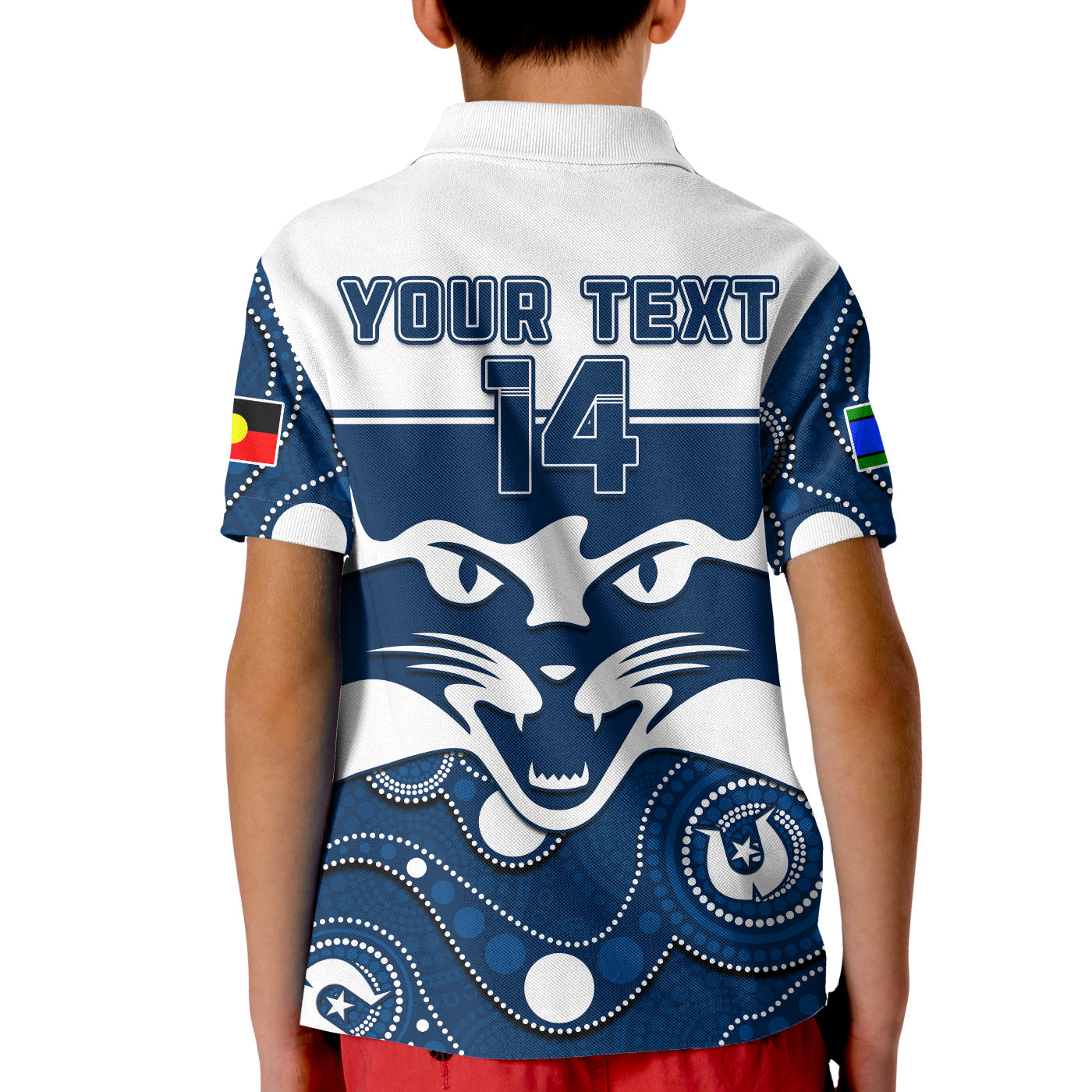 (Custom Text And Number) Geelong Football NAIDOC 2023 Polo Shirt KID Cats For Our Elders Indigenous Art - Vibe Hoodie Shop