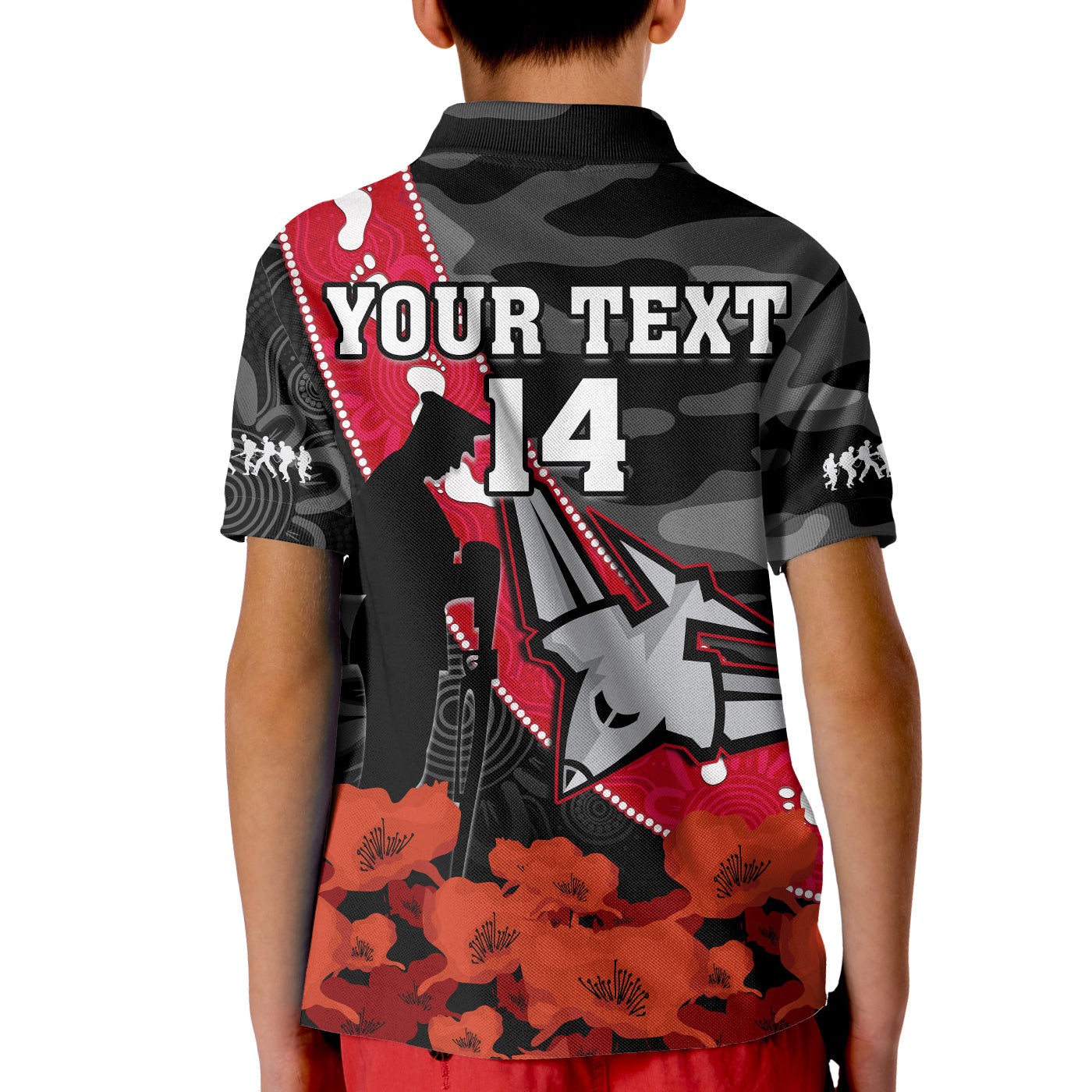 (Custom Text And Number) Essendon Football ANZAC 2023 Polo Shirt KID Bombers Aboriginal Mix Poppy Camouflage - Vibe Hoodie Shop