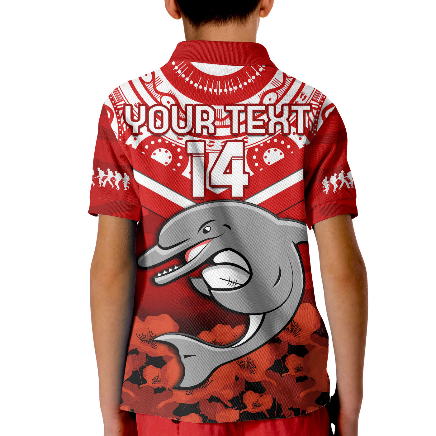 (Custom Text And Number) Dolphins Rugby ANZAC 2023 Polo Shirt KID Dots Poppy Mix Camouflage Lest We Forget - Vibe Hoodie Shop