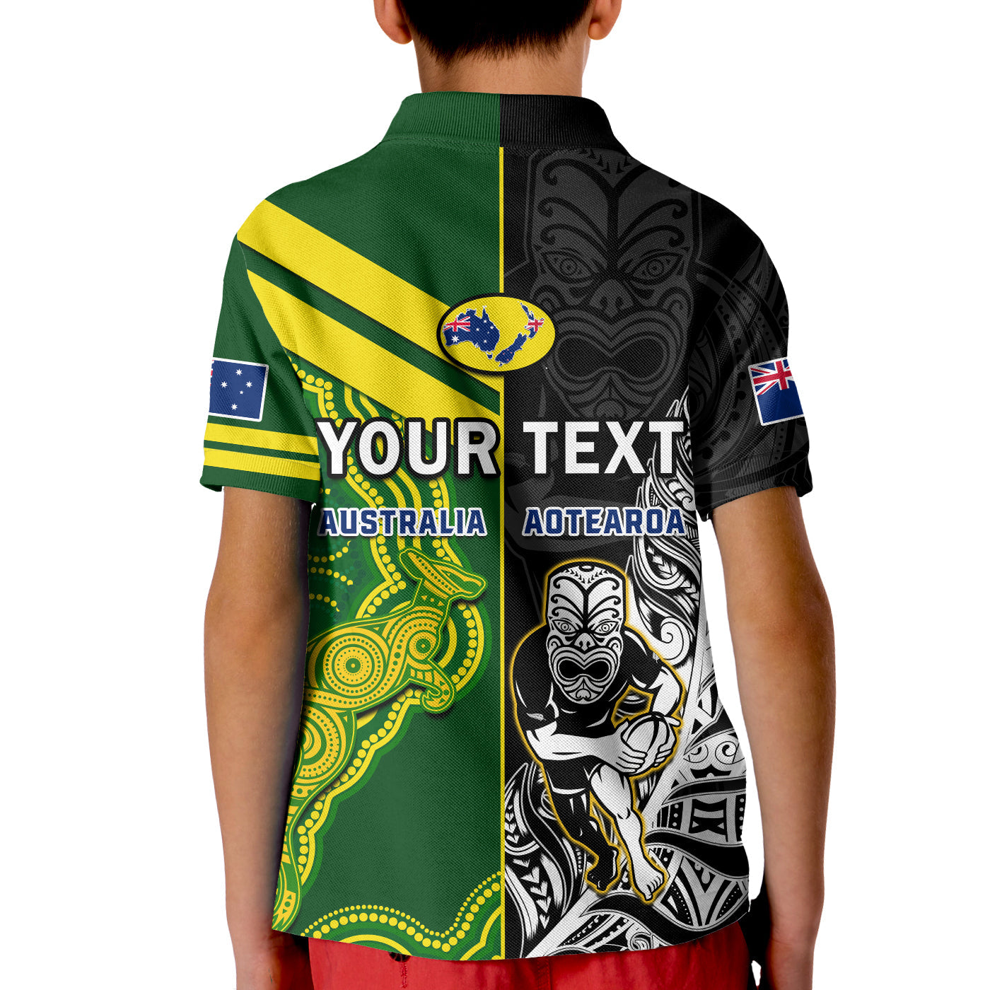 (Custom Personalised) Australia Kangaroos And All Black Rugby Polo Shirt KID Aboriginal Mix NZ Maori Fern - Vibe Hoodie Shop