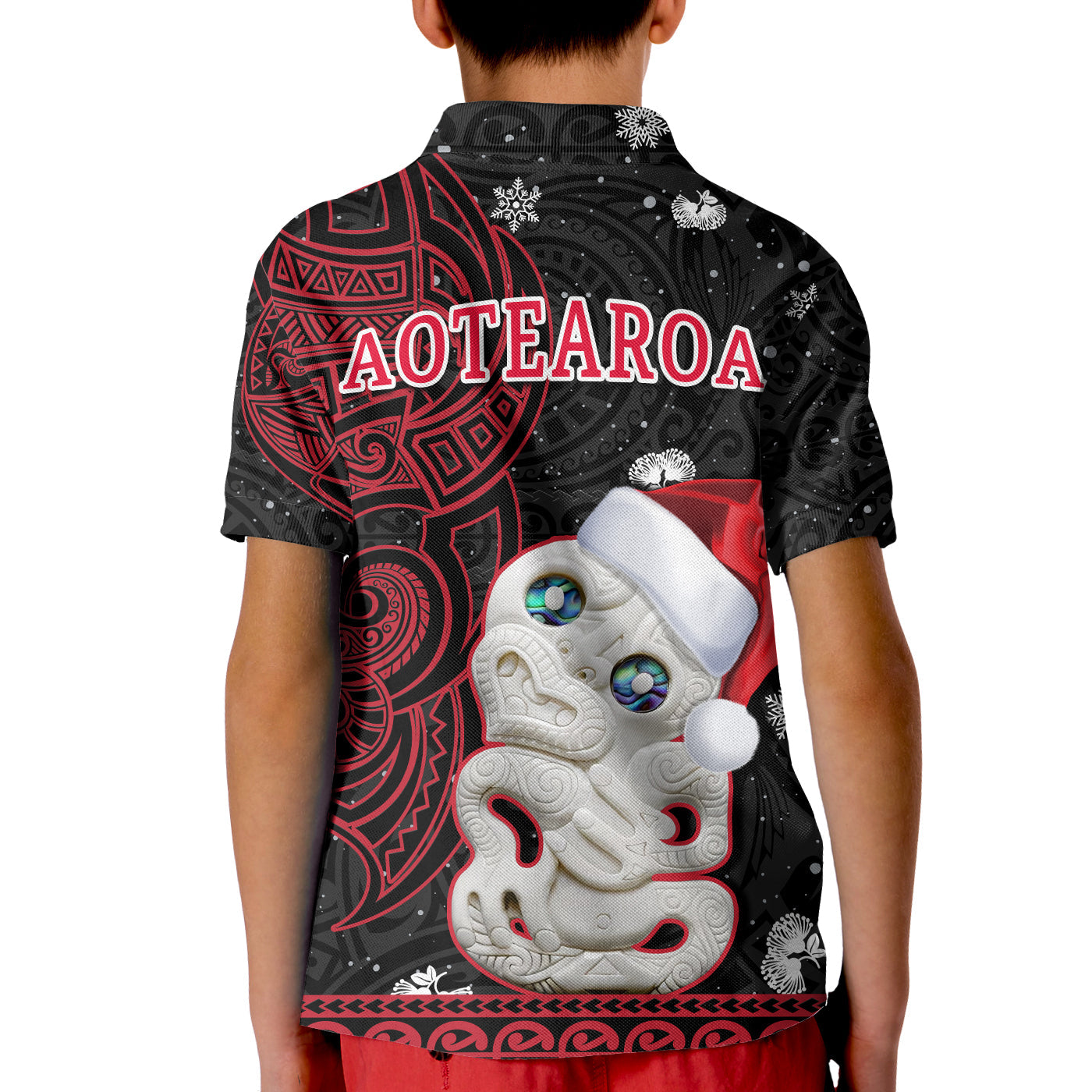 (Custom Personalised) New Zealand Christmas Polo Shirt KID Hei Tiki Red Pohutukawa Meri Kirihimete - Vibe Hoodie Shop