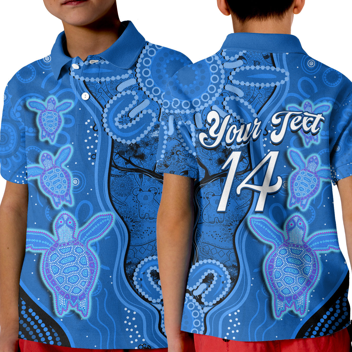 (Custom Text And Number) Australian Aboriginal Art Polo Shirt KID Aussie Turtle Blue Version - Vibe Hoodie Shop