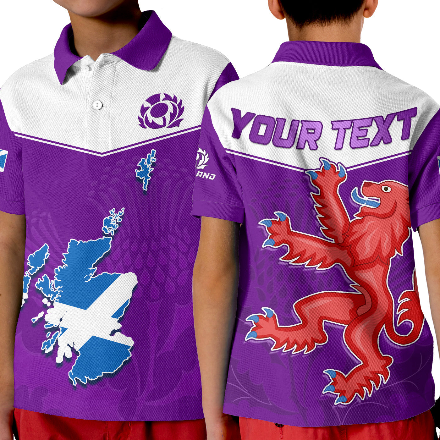 (Custom Personalised) Scottish Rugby Polo Shirt KID Map Of Scotland Thistle Purple Version - Vibe Hoodie Shop