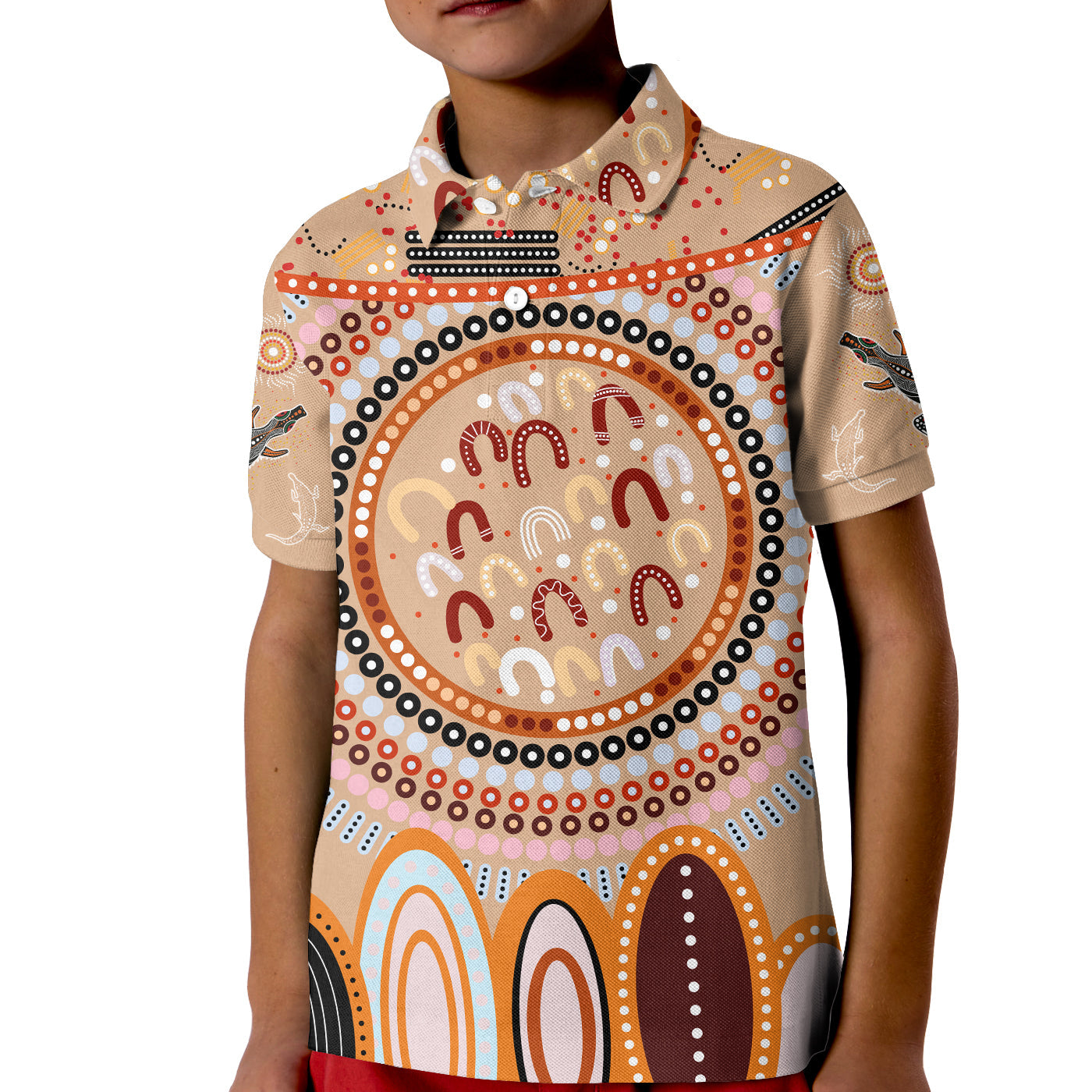 (Custom Text and Number) Aboriginal Stand Up Polo Shirt KID Circle Dot with Lizard Version PeachPuff - Vibe Hoodie Shop