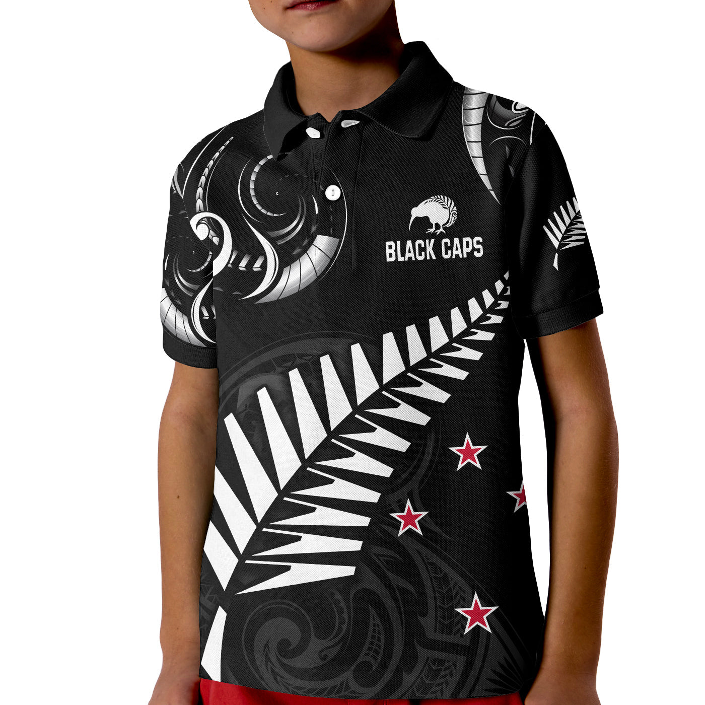 (Custom Text and Number) New Zealand Cricket Polo Shirt KID Go Black Cap Champions Mix Maori Kiwis - Vibe Hoodie Shop