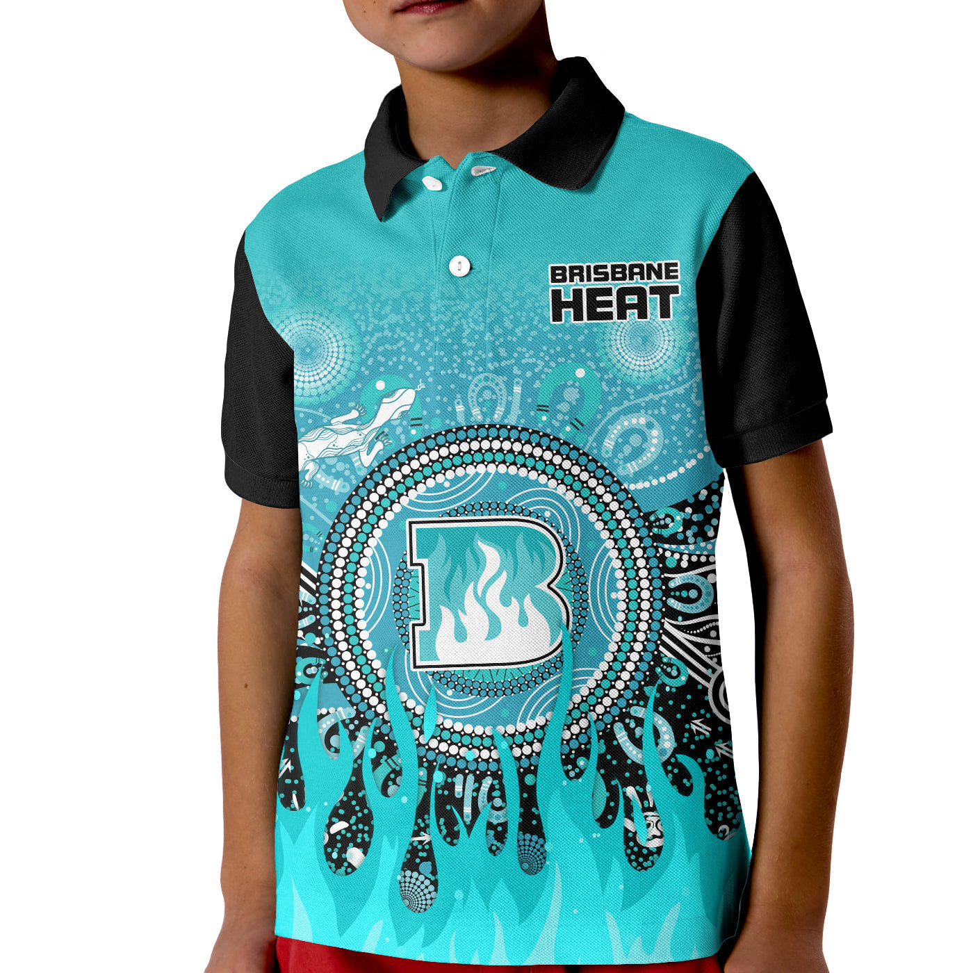 (Custom Text and Number) Brisbane Heat Polo Shirt Aboriginal Dot Fire Australia Cricket - Vibe Hoodie Shop