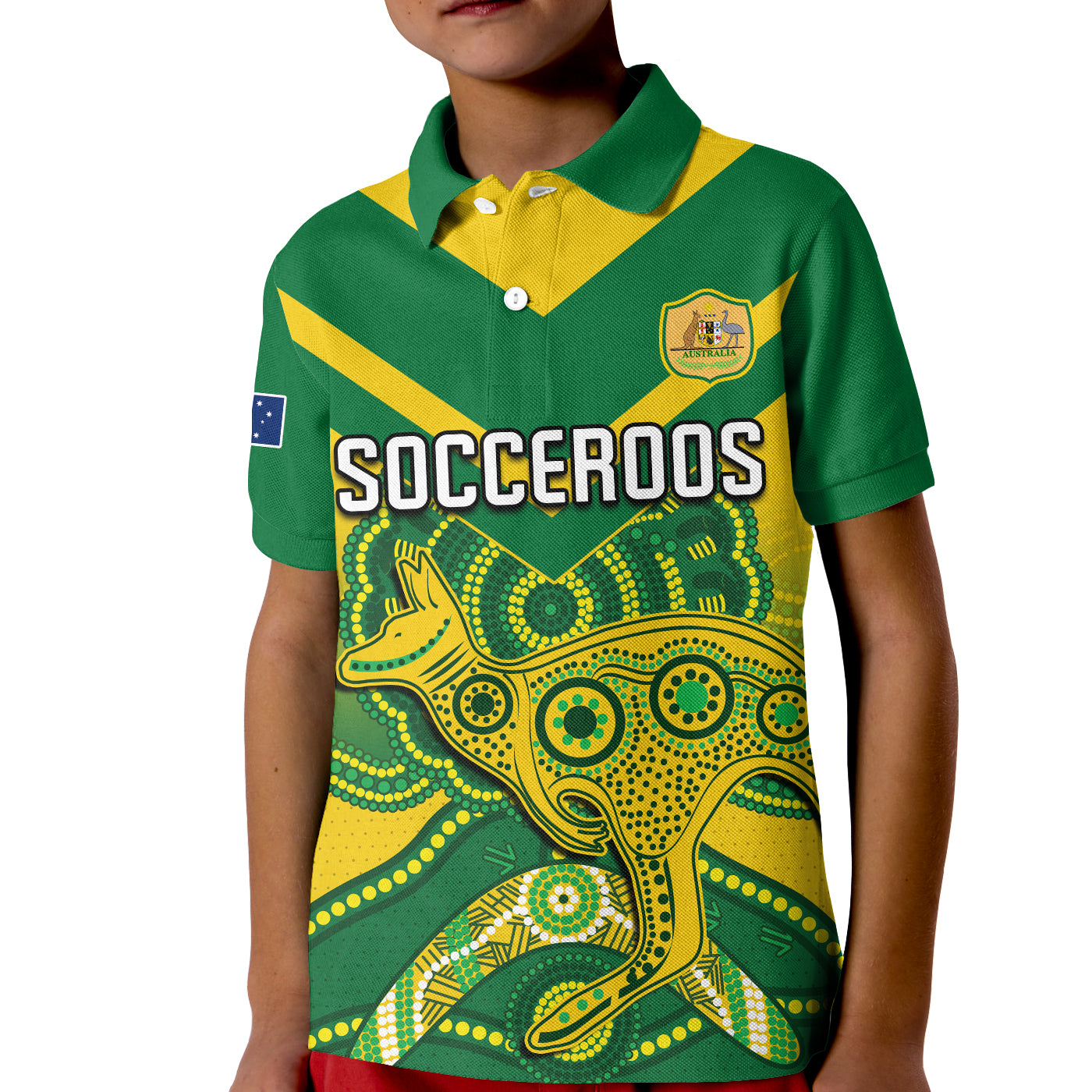 (Custom Text and Number) Australia Soccer Polo Shirt KID Champions Aboriginal Kangaroos World Cup Football Socceroos - Vibe Hoodie Shop