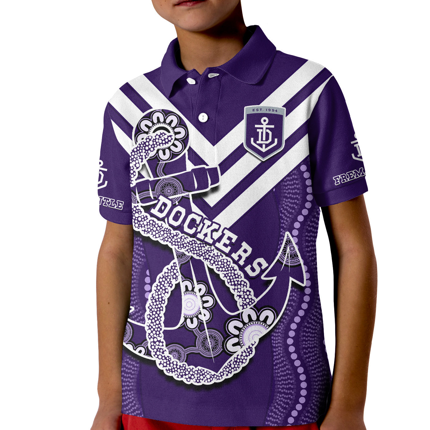 (Custom Text And Number) Dockers Football Polo Shirt KID Fremantle Anchor Mix Aboriginal Pattern Dynamic Style - Vibe Hoodie Shop