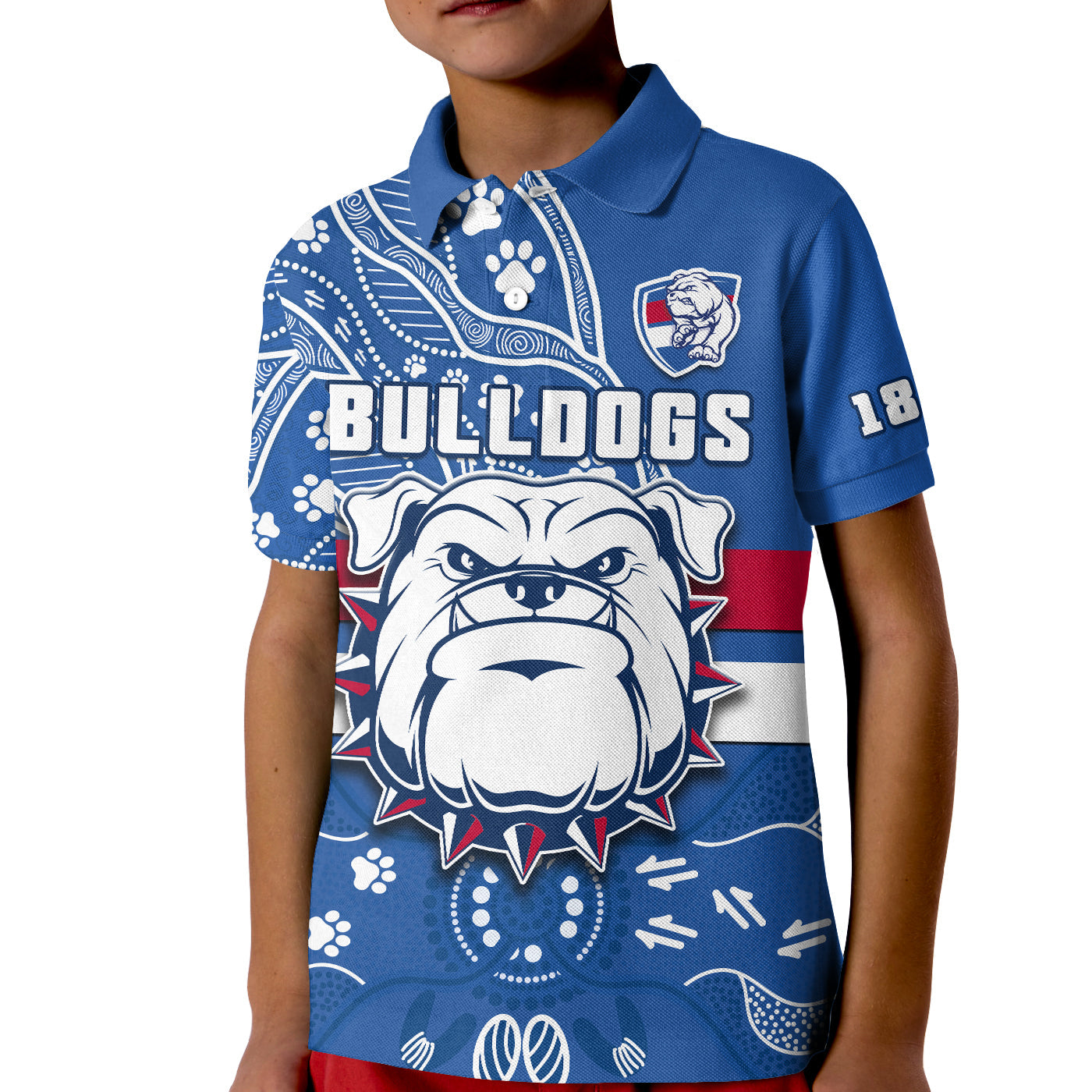 (Custom Text And Number) Bulldogs Football Polo Shirt KID Scraggers 1877 Aboriginal Dot Painting Newest Version - Vibe Hoodie Shop