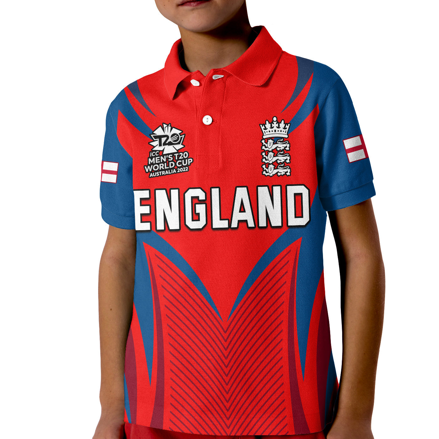 (Custom Text and Number) England Cricket Polo Shirt KID T20 World Cup Three Red Lions - Vibe Hoodie Shop