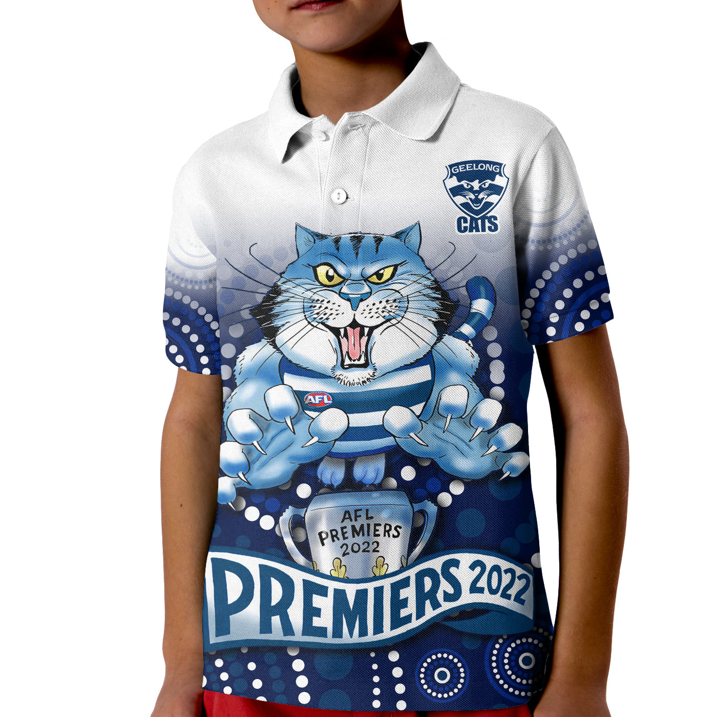 (Custom Text and Number) Cats Football Polo Shirt KID Aboriginal Australian Premiers 2022 Proud Geelong Cartoon - Vibe Hoodie Shop