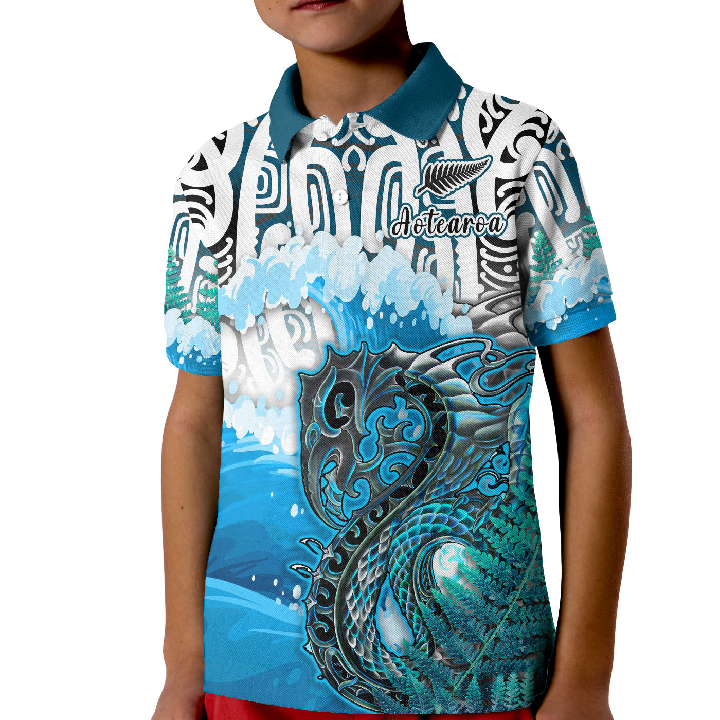 (Custom Personalised) Manaia Maori Polo Shirt KID Fern Aotearoa Blue Waves - Vibe Hoodie Shop