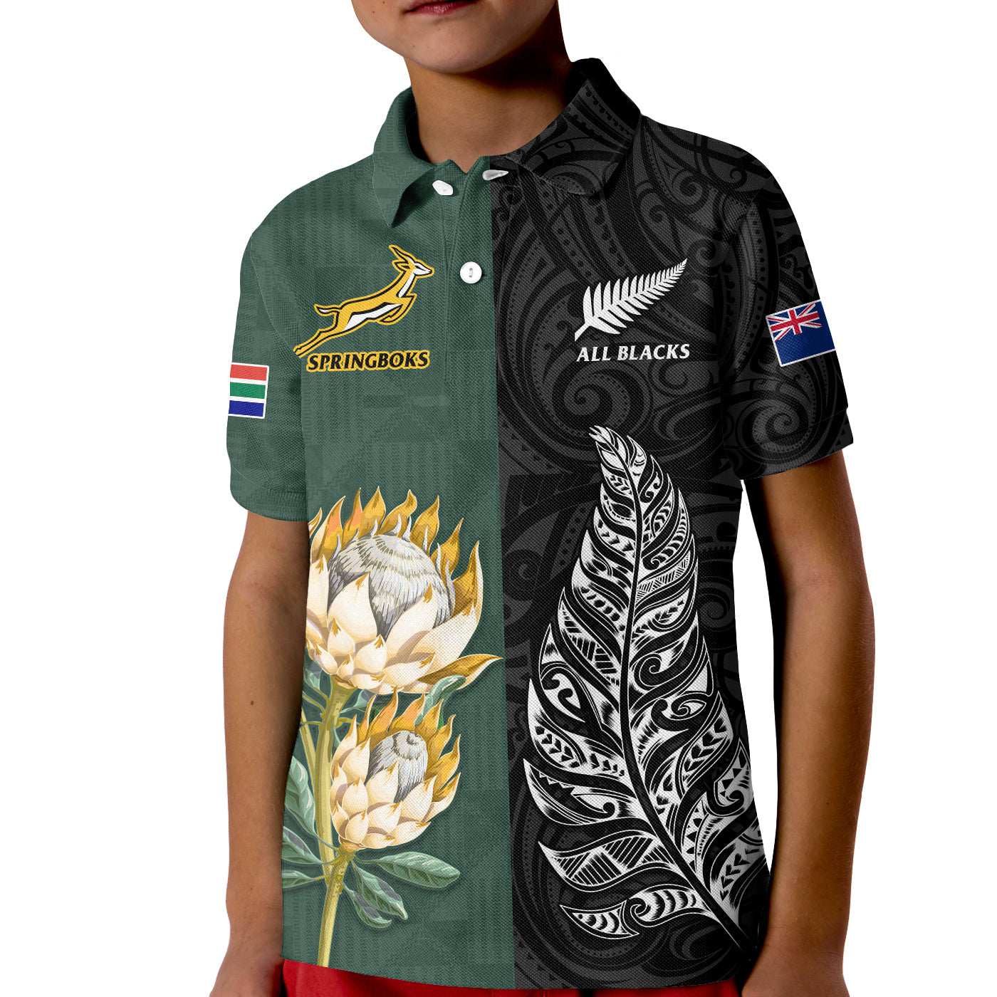 (Custom Text and Number) South Africa Protea and New Zealand Fern Polo Shirt Rugby Go Springboks vs All Black - Vibe Hoodie Shop