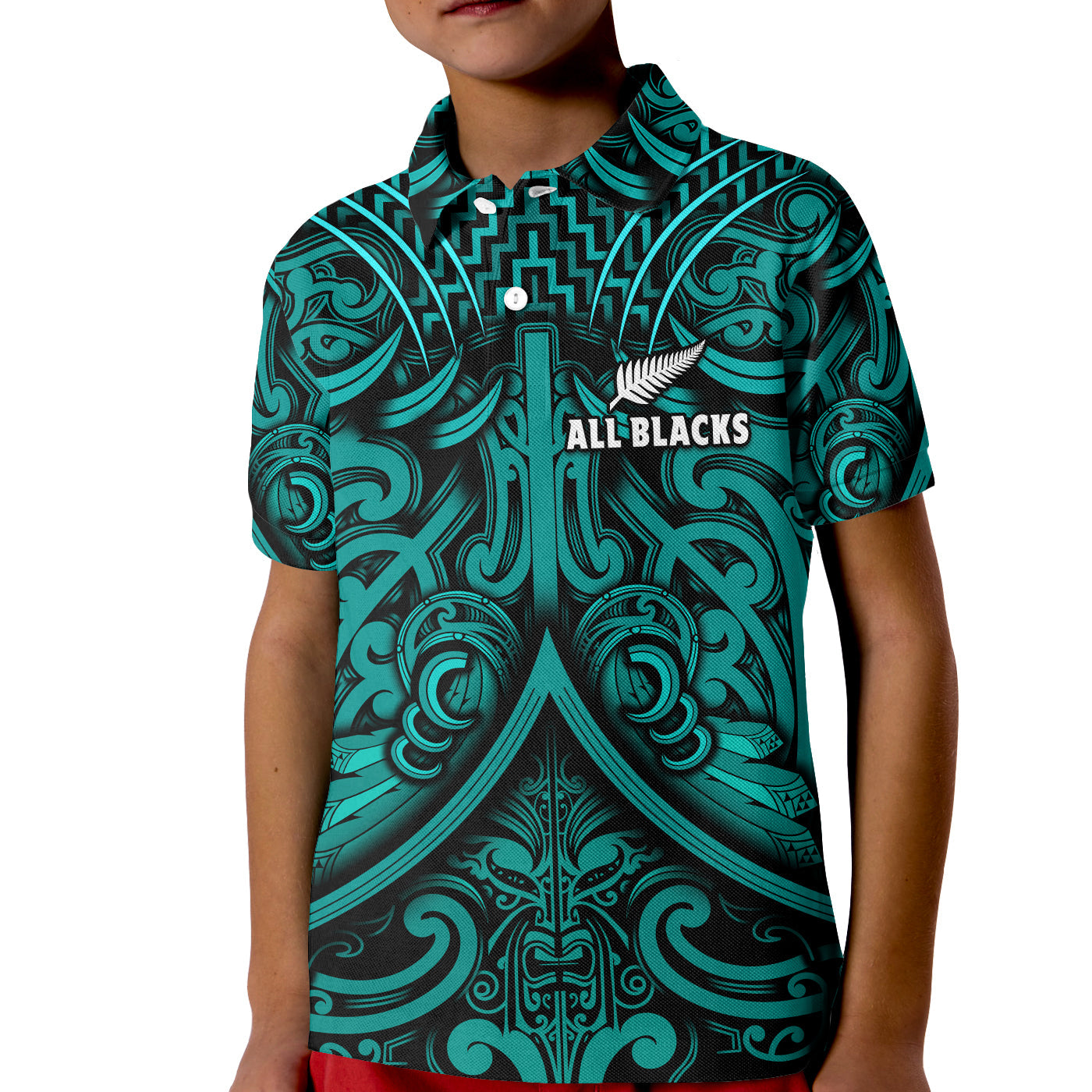 (Custom Text and Number) New Zealand Silver Fern Rugby Polo Shirt KID All Black Turquoise NZ Maori Pattern - Vibe Hoodie Shop