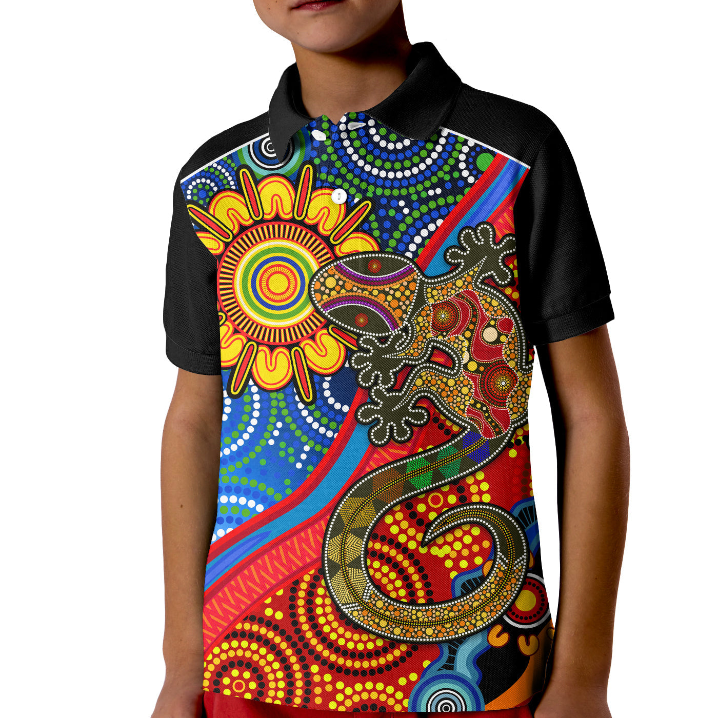 (Custom Text and Number) Australia Lizard and Sun Polo Shirt KID Aboriginal Art Speical - Vibe Hoodie Shop