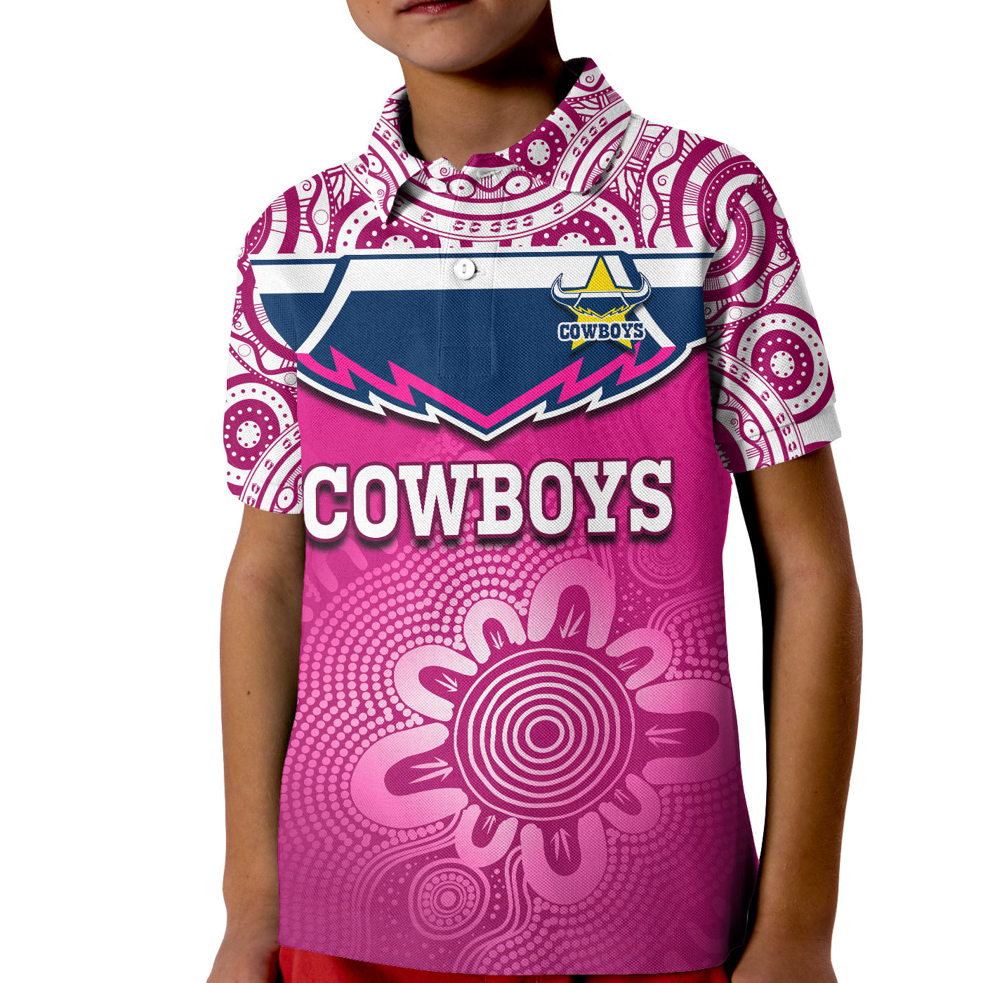 (Custom Text And Number) Cowboys Rugby Polo Shirt KID Aboriginal Pattern Pink Version - Vibe Hoodie Shop