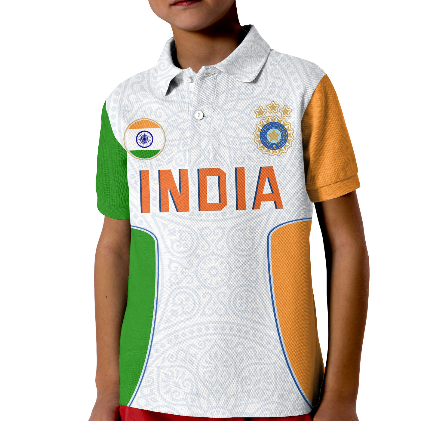 (Custom Text and Number) India Cricket Polo Shirt KID Champions Indian Sun Pattern Style Flag - Vibe Hoodie Shop