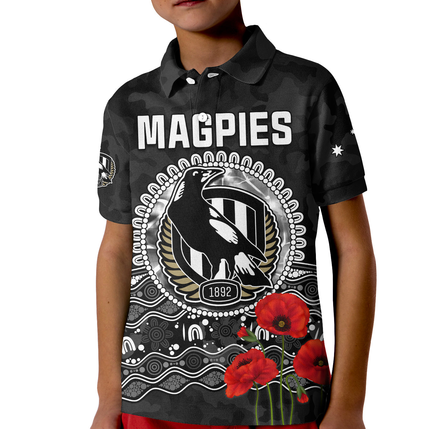 (Custom Text and Number) Magpies Football ANZAC Day Polo Shirt KID Speical Poppy mix Aboriginal - Vibe Hoodie Shop