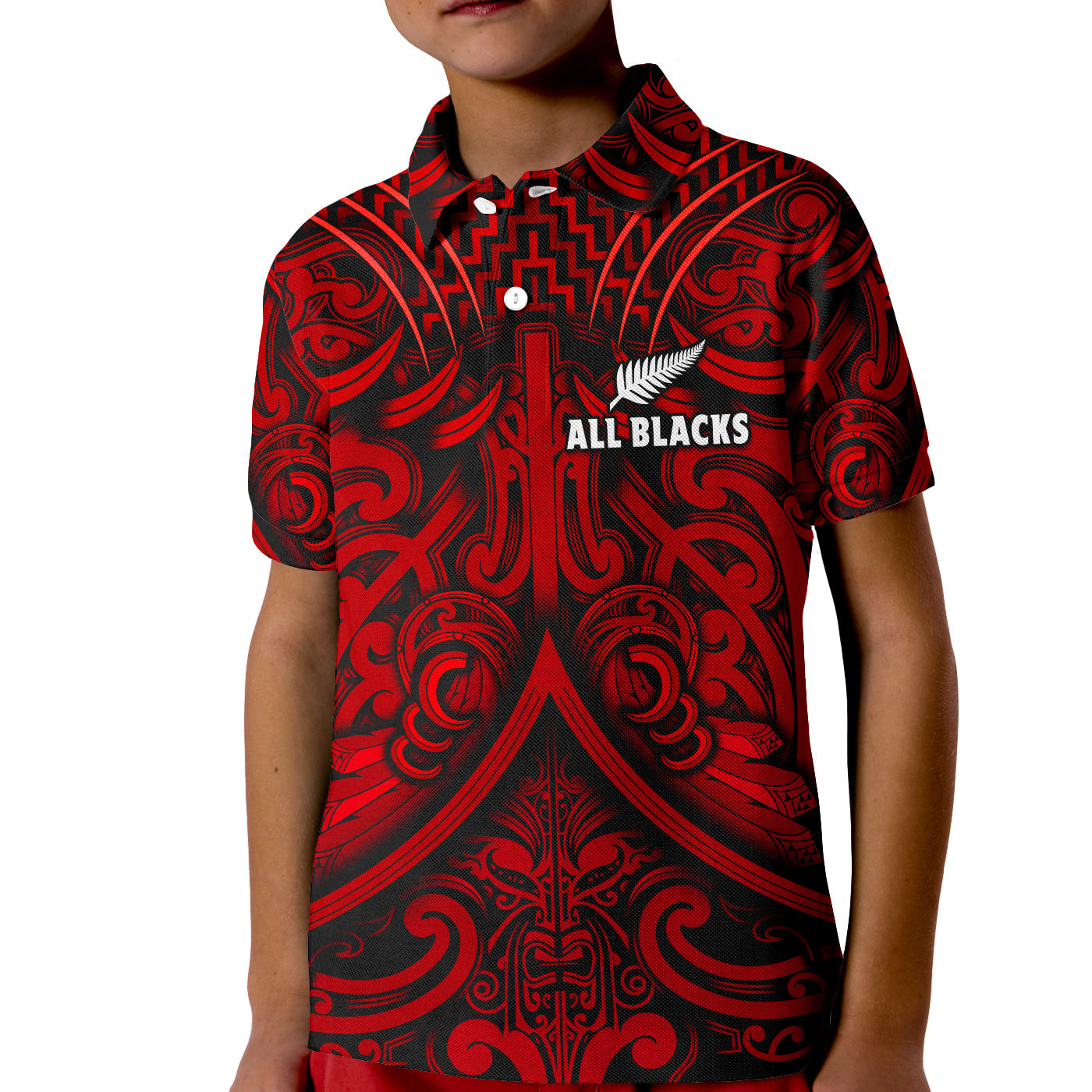 (Custom Text and Number) New Zealand Silver Fern Rugby Polo Shirt KID All Black Red NZ Maori Pattern - Vibe Hoodie Shop