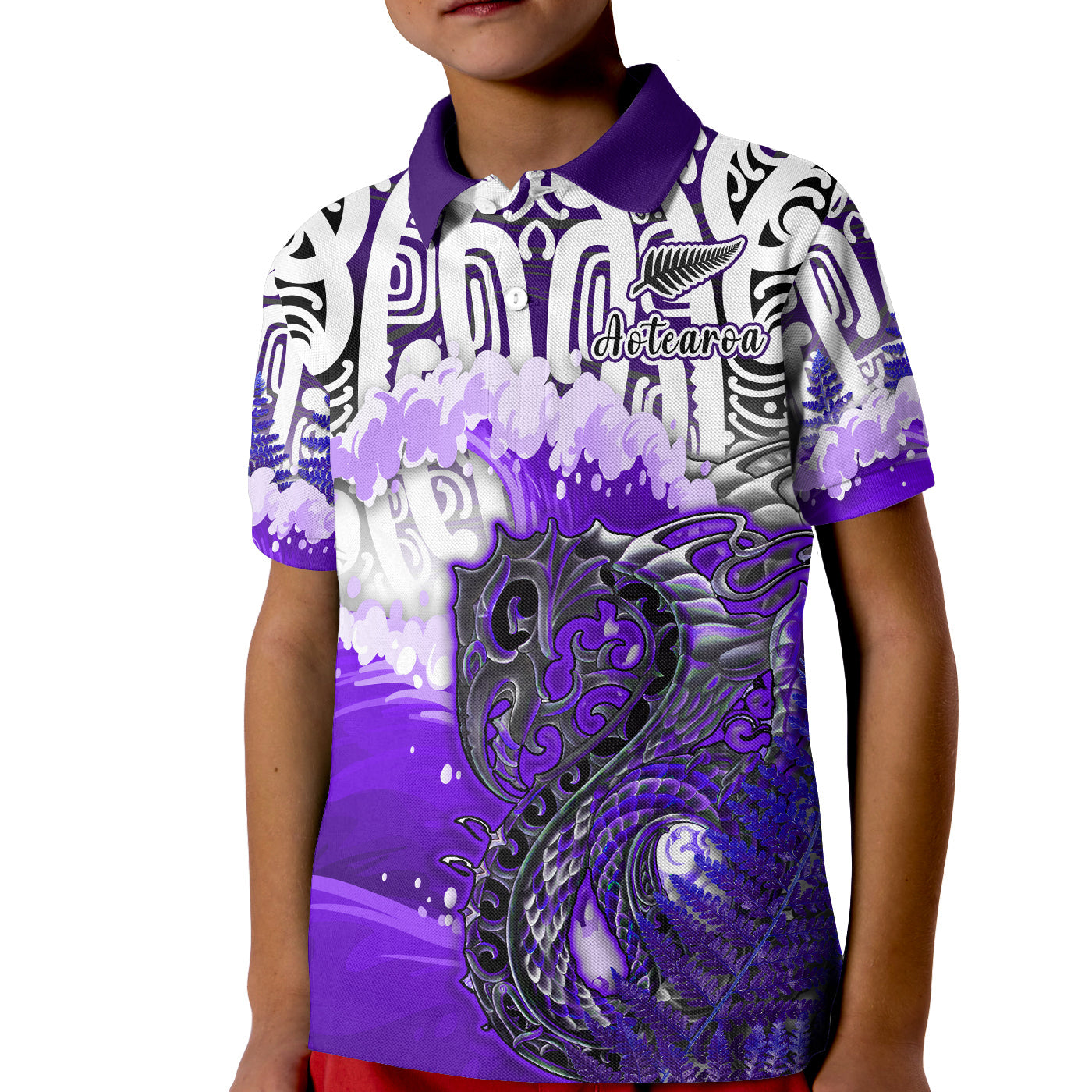 (Custom Personalised) Manaia Maori Polo Shirt KID Fern Aotearoa Purple Waves - Vibe Hoodie Shop