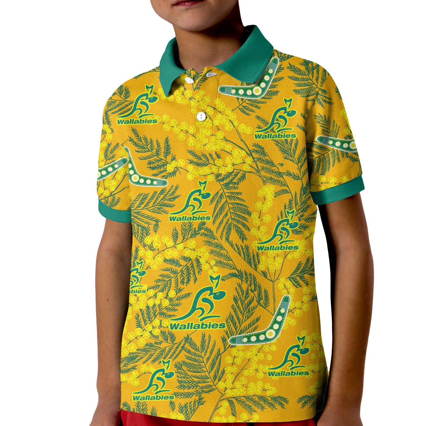 (Custom Personalised) Wallabies Rugby Polo Shirt KID Golden Wattle Aboriginal Boomerang Style Hawaii - Vibe Hoodie Shop